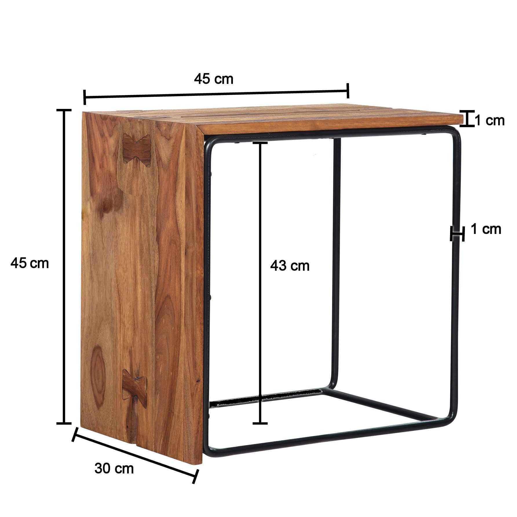 FINEBUY Wohnzimmertisch Modern, Sofatisch), Anstelltisch Beistelltisch Rechteckig (45x30x45 / cm Metall Massivholz FB92206 Sheesham