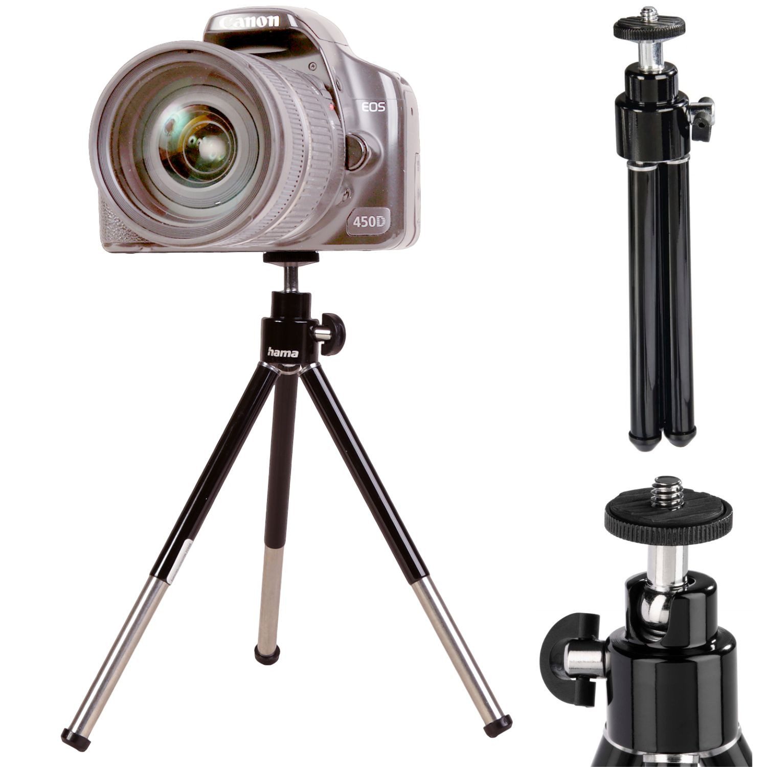 Hama Mini-Stativ Ball L Tripod 14-21cm Schwarz/Silber Kamerastativ (Dreibein Kugelkopf Tischstativ für Foto Kamera 3D 1/4" Zoll Gewinde)