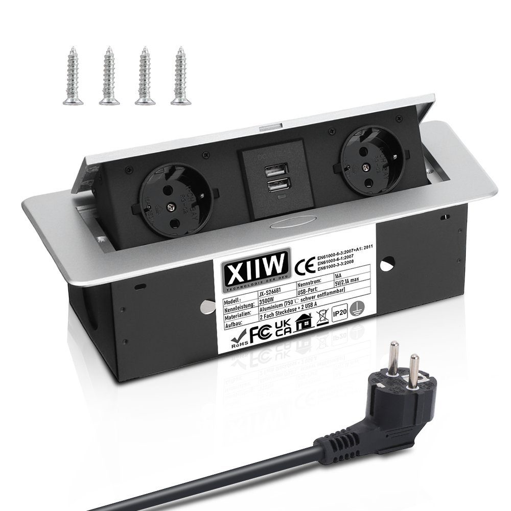 XERSEK 1.8m Kabel + Netzteil Versenkbar Einbausteckdose Alu Tischsteckdose Einbau-Tischsteckdose (2Fach +2USB, 3500W/16A Tischplatte, Bodensteckdose), Aluminium Steckdosenleiste für Möbel, Büro, Küche