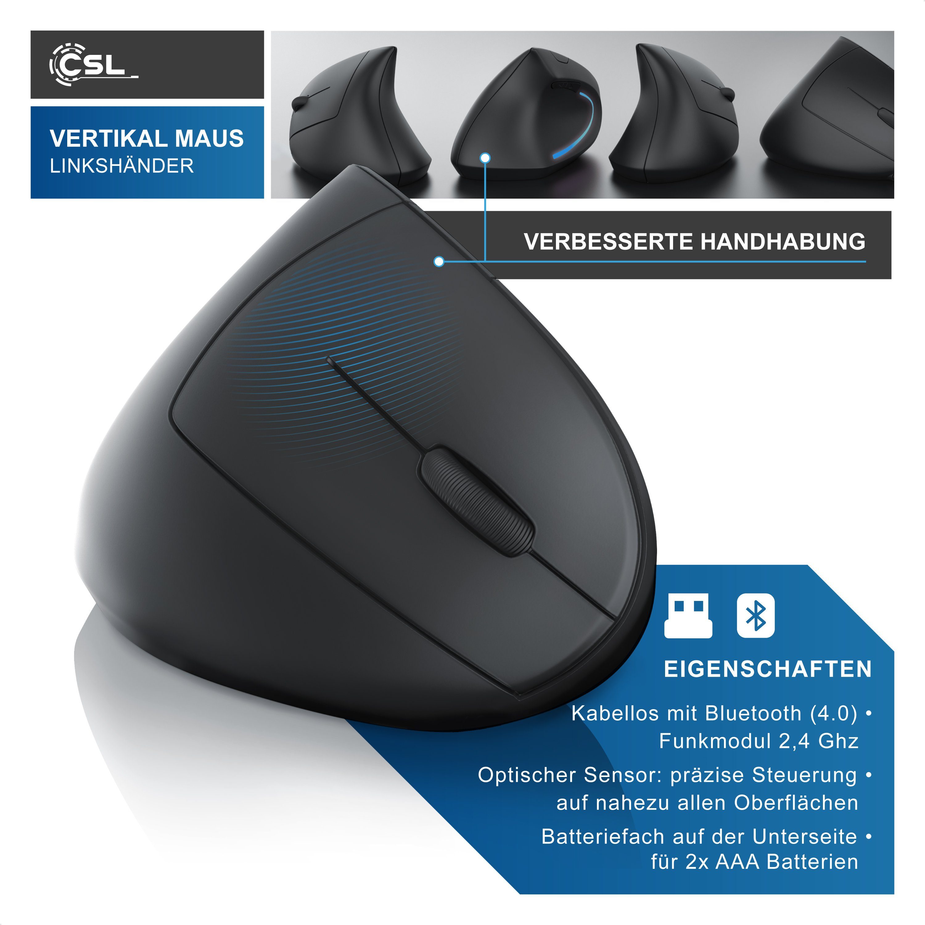 CSL Vertikal für Linkshänder. kabellos, Bluetooth & 2,4 Ghz Funk, 2400 dpi ergonomische Maus (Bluetooth, Funk, optisch, ergonomisch Armschonend, Vorbeugung gegen Mausarm RSI Syndrom)