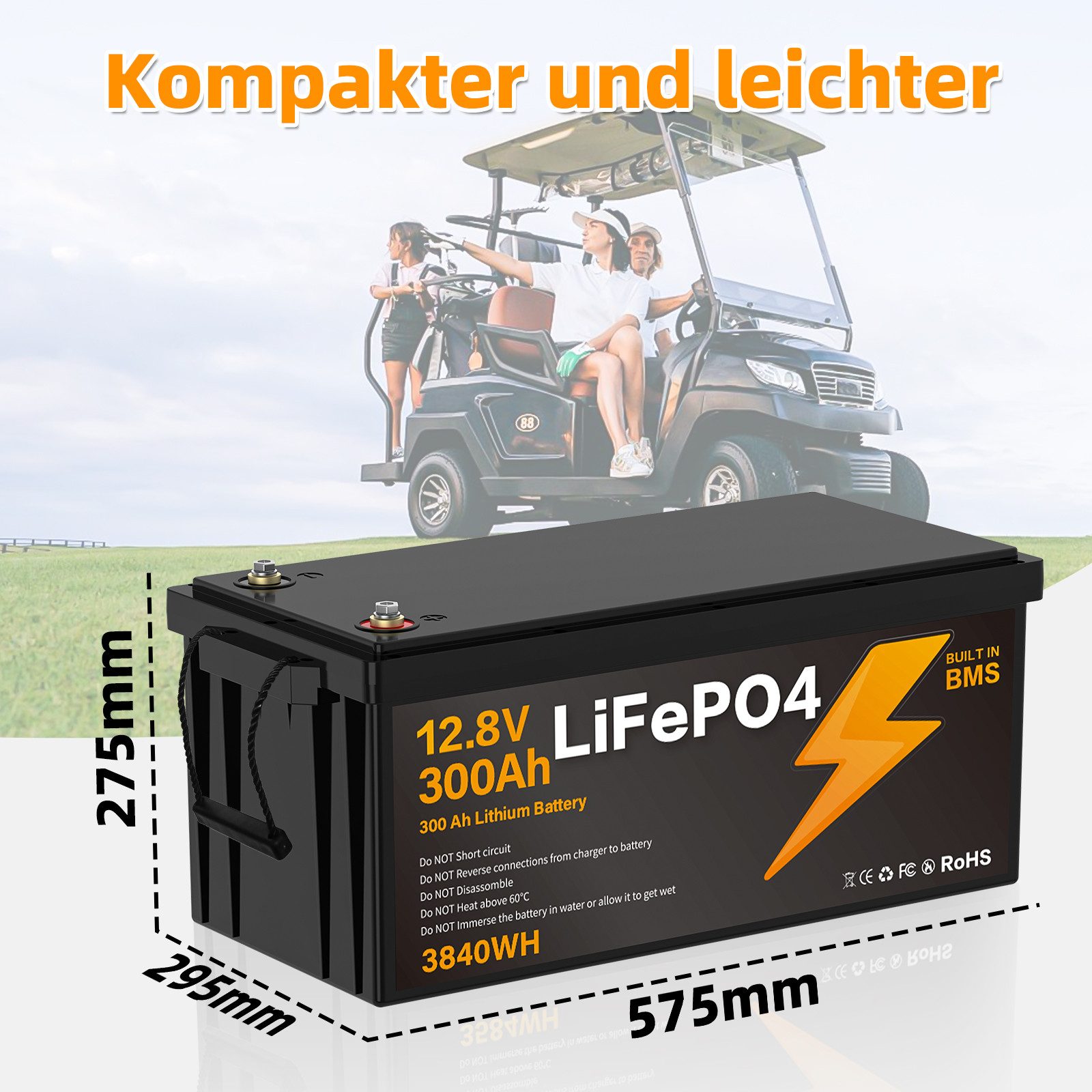 Blossom 12,8V 300Ah Lithium-Eisenphosphat Akku mit Smart BMS IP67 LiFePO4 Batterie, wasserdicht Lithium Akku 3840Wh 3000+ Zyklen für Solaranlage Camping