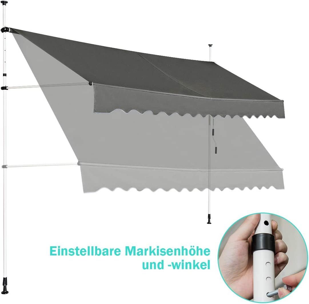 Thumbnail - KOMFOTTEU Klemmmarkise Sonnenmarkisen höhenverstellbare Klemmmarkise, 2,5m, Grau