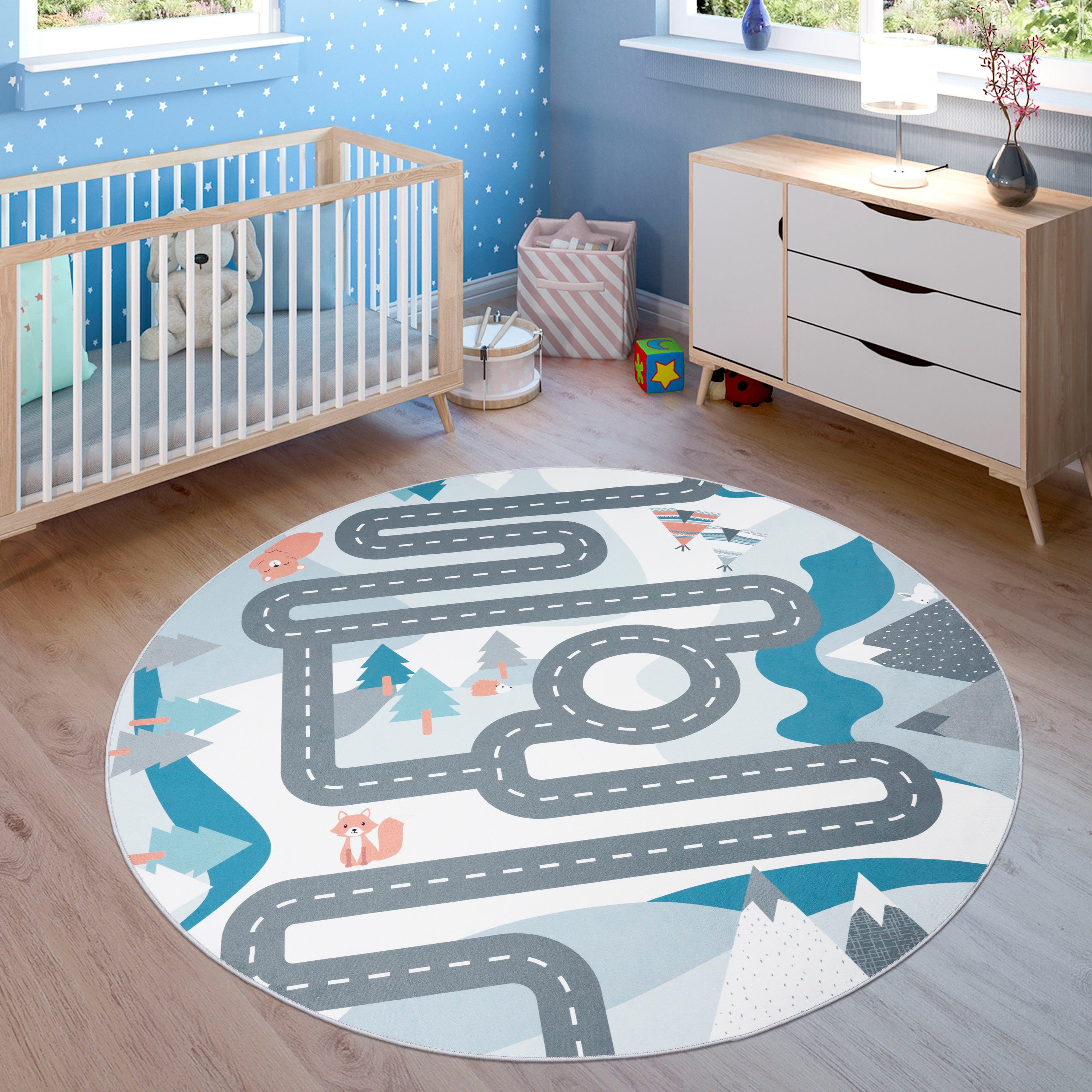 Paco Home Kinderteppich Bino 574, rund, Höhe: 4 mm, Kurzflor, Straßen-Spiel-Teppich, Tippis & Wald, Kinderzimmer