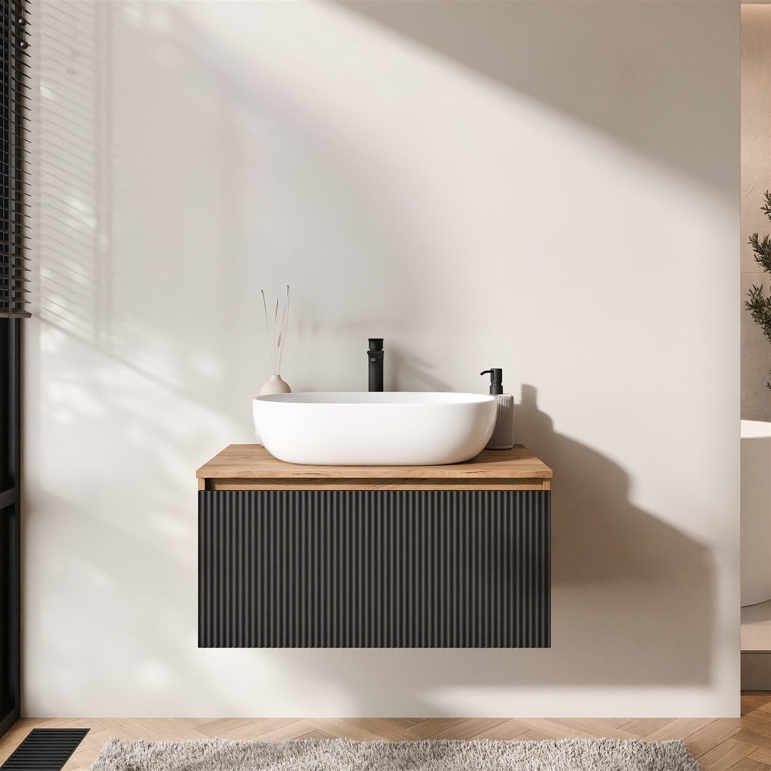 Planetmöbel Waschtisch-Set Arisa 2 teilig, Waschtisch mit Unterschrank 80 cm, Waschbecken 60 cm, (Waschtischunterschrank hängend für Gäste WC & Bad, schwarz geriffelt, 2-St., Badmöbel Set mit Waschbecken 60 cm weiß), Schublade mit Soft-Close Funktion