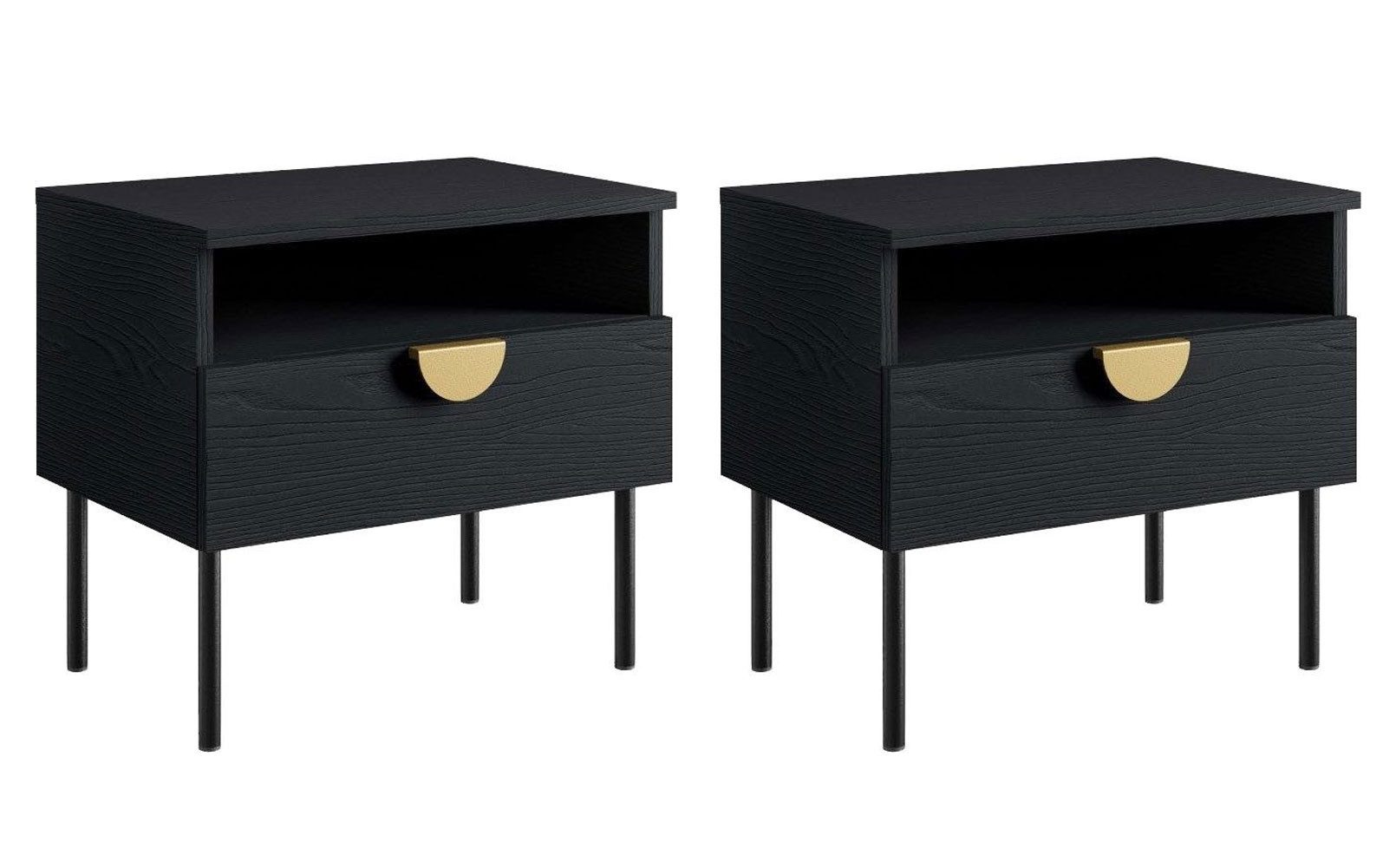 Feldmann-Wohnen Nachtschrank Mond (mit Schubladen, mit offenem Fach, 2-St., moderne Optik, mit goldenen Metallgriffen) 50x34,5x45,5cm schwarz mit Schublade