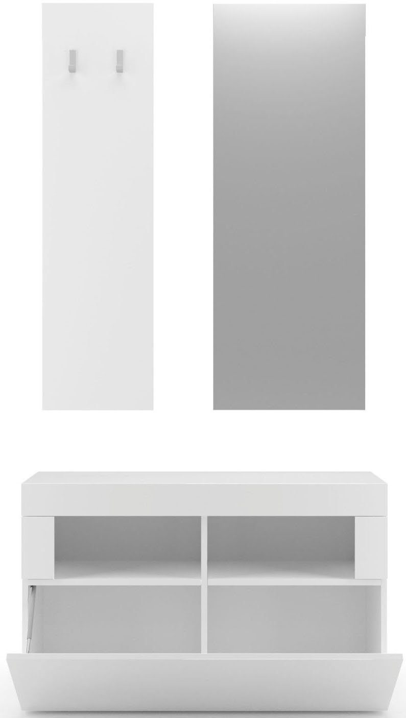 Home affaire Garderoben-Set Basic 3tlg. Breite 91 cm, Höhe 187 cm, Wandgarderobe, (3-St), (Schuhbank, Garderobenpaneel, Spiegel), Weiss Hochglanz Lack