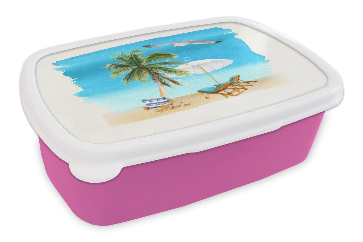 MuchoWow Lunchbox Strandkorb - Sonnenschirm - Palmen - Strand, Kunststoff, (2-tlg), Brotbox für Erwachsene, Brotdose Kinder, Snackbox, Mädchen, Kunststoff rosa