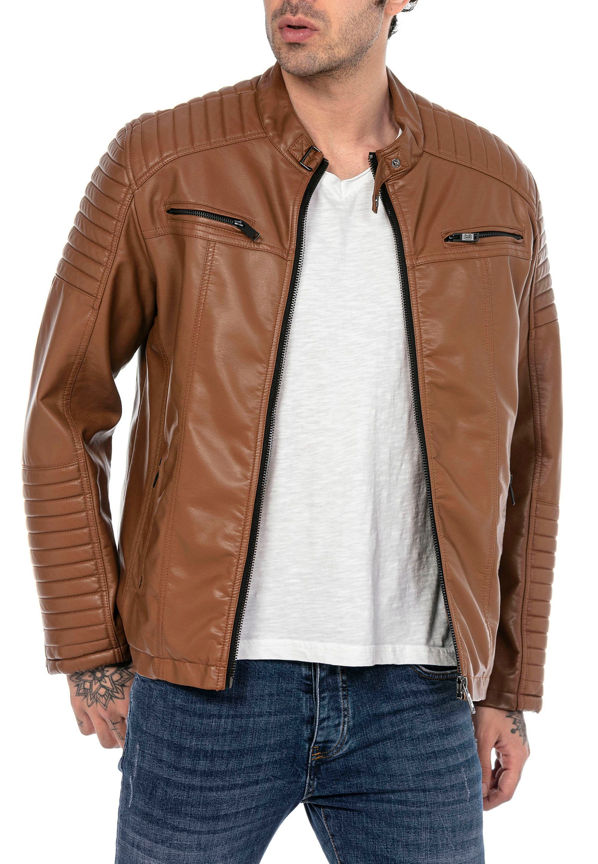 RedBridge Lederimitatjacke Urban Bikerjacke Steppjacke Kunstleder Schwarz Stehkragen mit Druckknopf