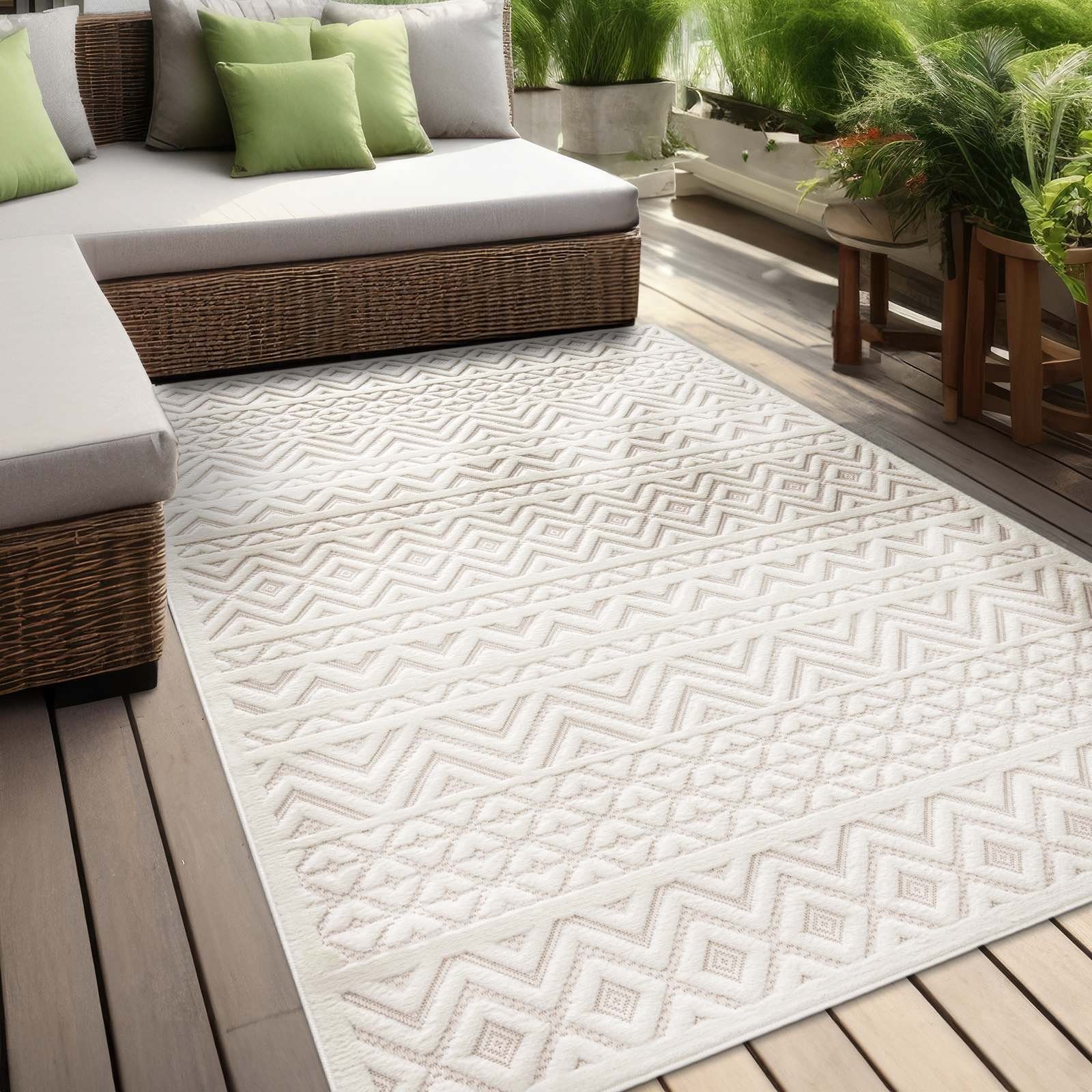 Teppich Indoor und Outdoor Teppich wetterfest Barcelona Orientalisch Scandi, TaraCarpet, rechteckig, Höhe: 10 mm, oriental Boho weiß Wohnzimmer Schlafzimmer Esszimmer 80X250