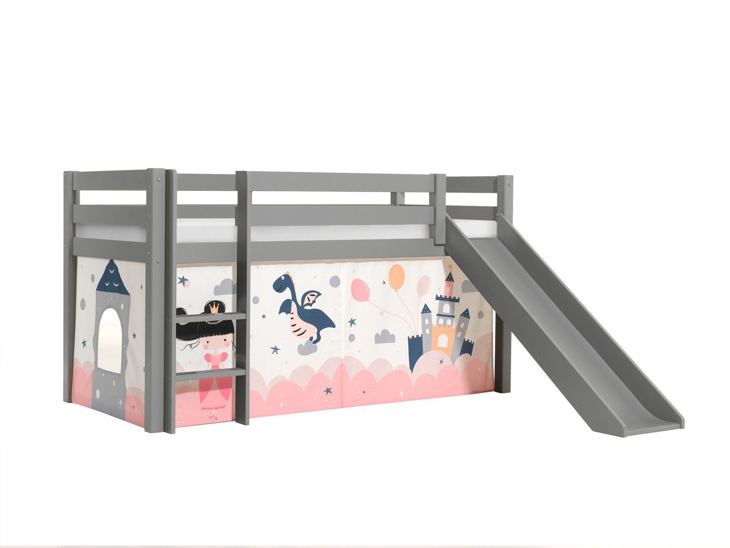 Natur24 Kinderbett Halbhohes Bett Pino mit Rutsche und Textilset Drache Kiefer Grau lackiert