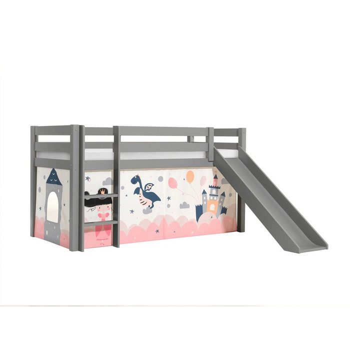 Natur24 Kinderbett Halbhohes Bett Pino mit Rutsche und Textilset Drache Kiefer Grau lackiert