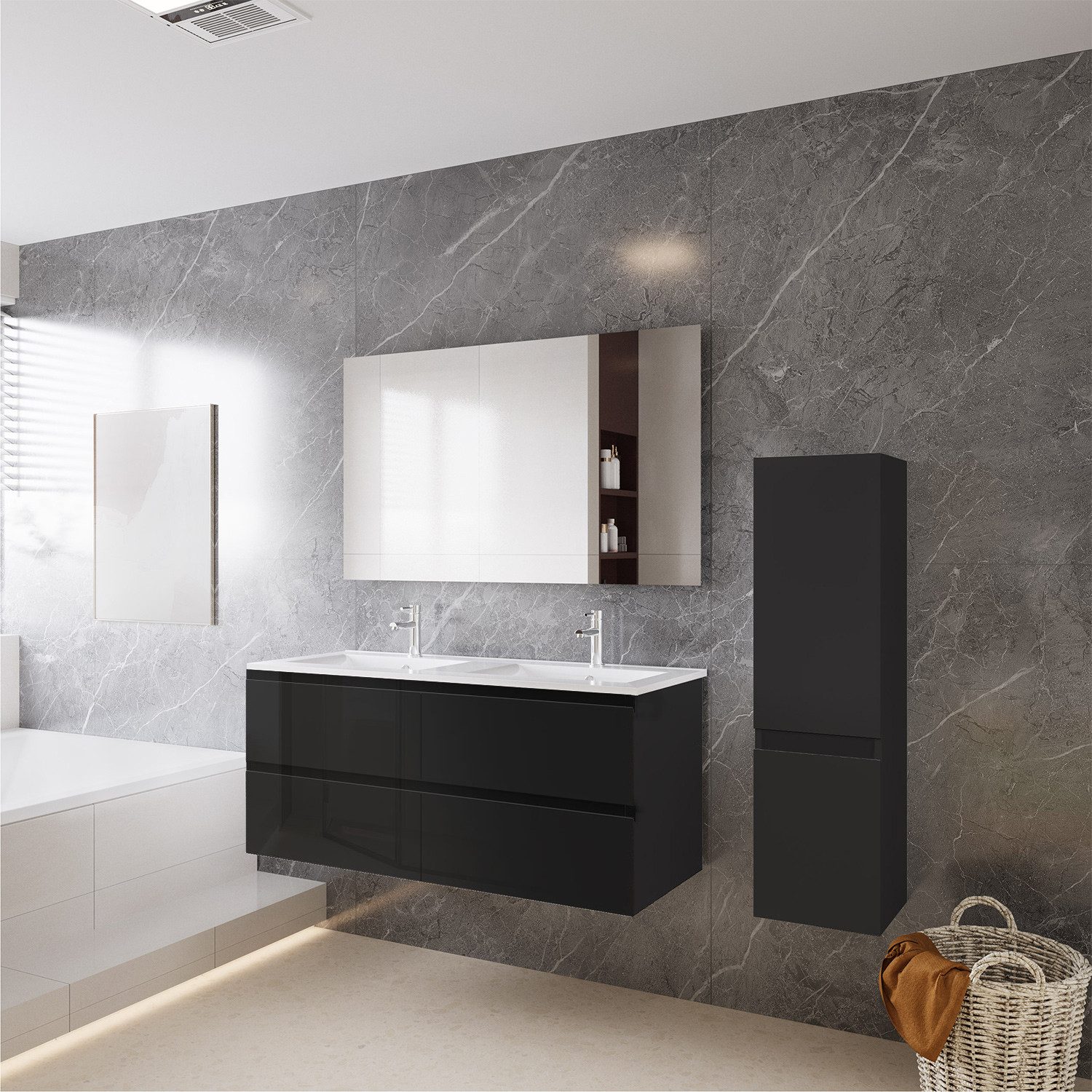 duschspa Waschtisch Badmöbel Set Waschbecken mit Unterschrank MDF, Hochglanz, Softclose, mit Überlauf