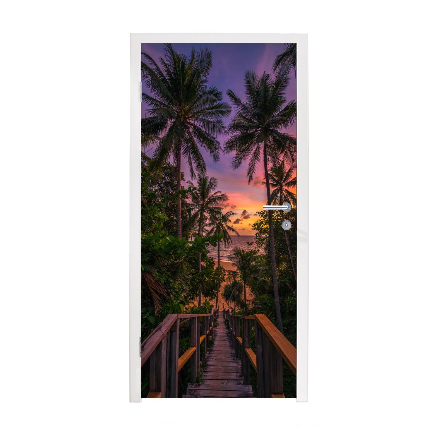 Palmen Türtapete Türaufkleber, Fototapete für St), - bedruckt, MuchoWow 75x205 Tür, Matt, Strand, (1 - cm Sonnenuntergang