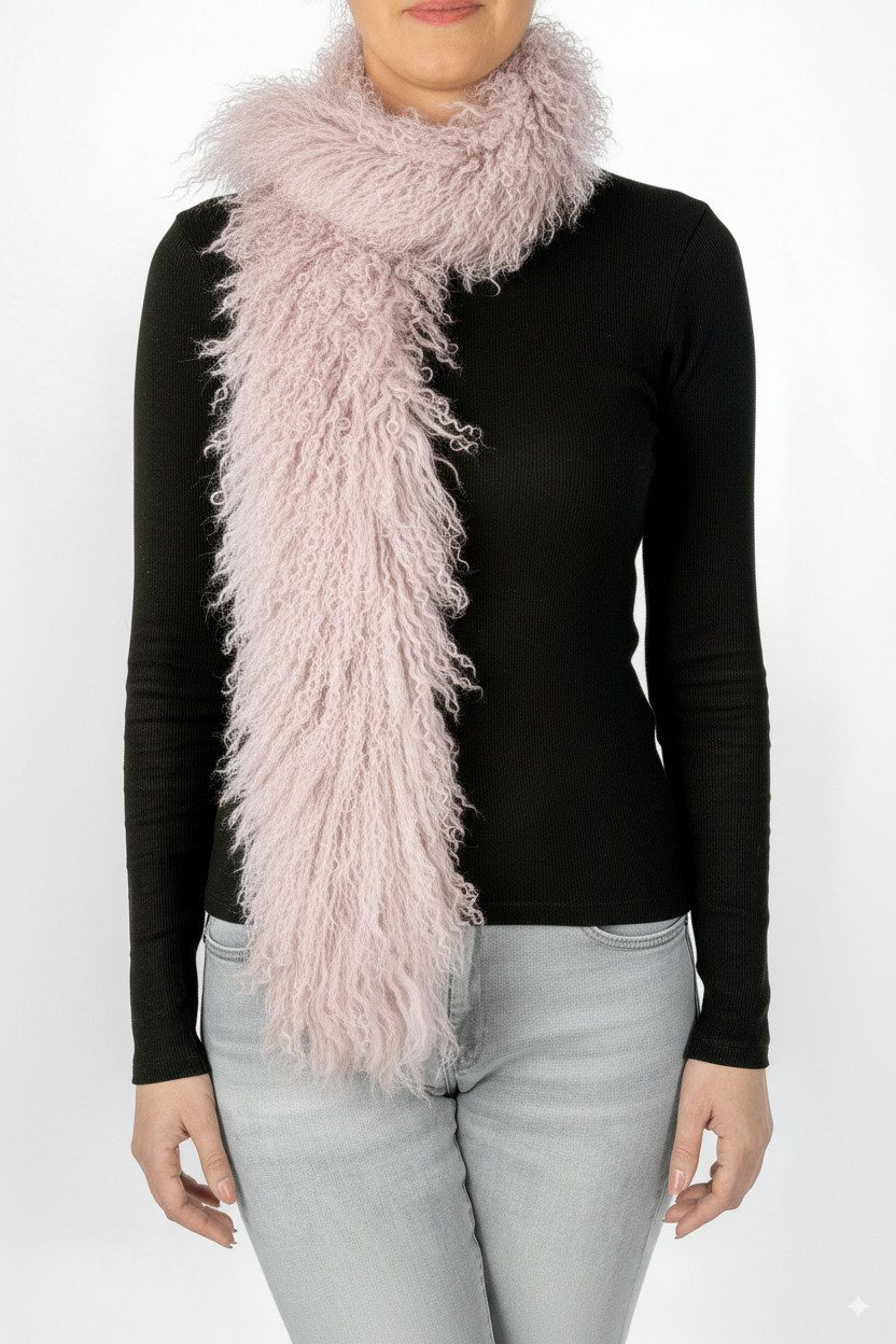 LIRA Deko Wollschal 100 % Lammfell Damen BOA Tibetlamm Schal mongolischer Schal Pelzschal, Design BOA Damenschal, feingelockt, 100 % Tibetlamm, Länge 140 cm