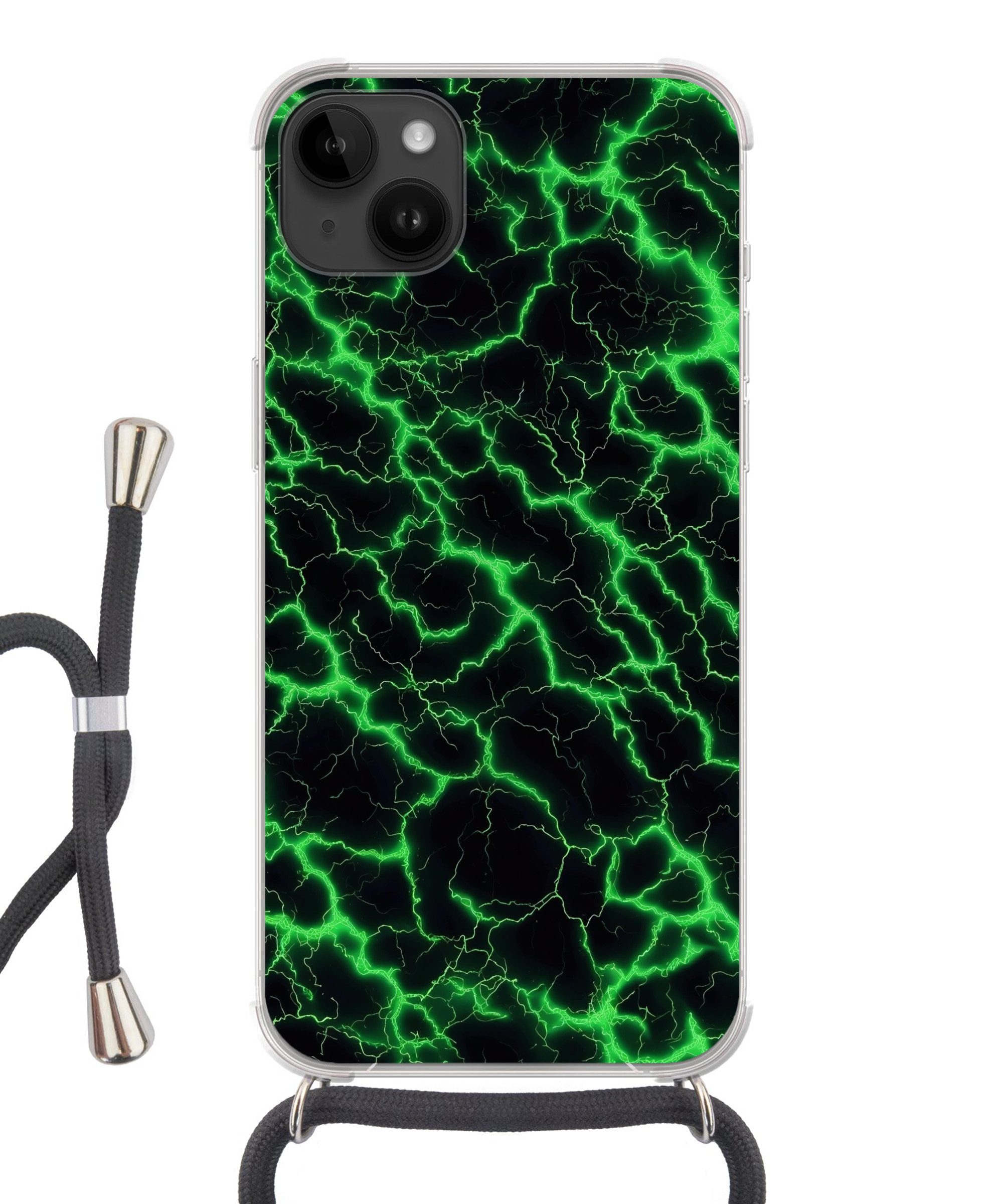 MuchoWow Handyhülle für Apple iPhone 14 Max Spiele - Blitzschlag - Grün - Energie, Tragbare Handyhüllen mit Kette zum umhängen, Handykette Handyband