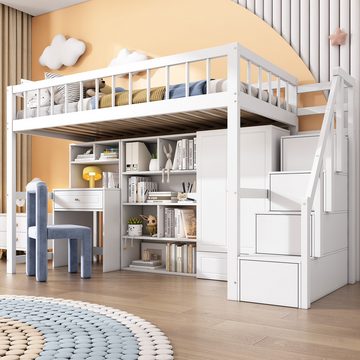 REDOM Kinderbett Kinderbett (ohne Matratze, 90*200), Mit Schreibtisch, Treppe, Schließfächern, Kleiderschrank, massivholz
