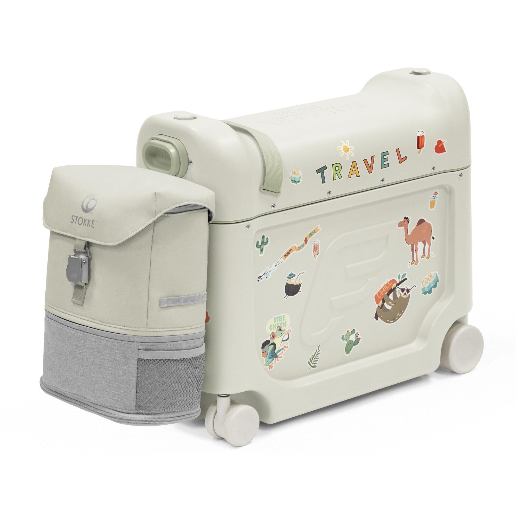 Stokke Kinderkoffer JetKids Reiseset - Enthält Aufsitzkoffer & Bordbett + Crew Backpack, 4 Rollen, Ideal für kurze und lange Reisen
