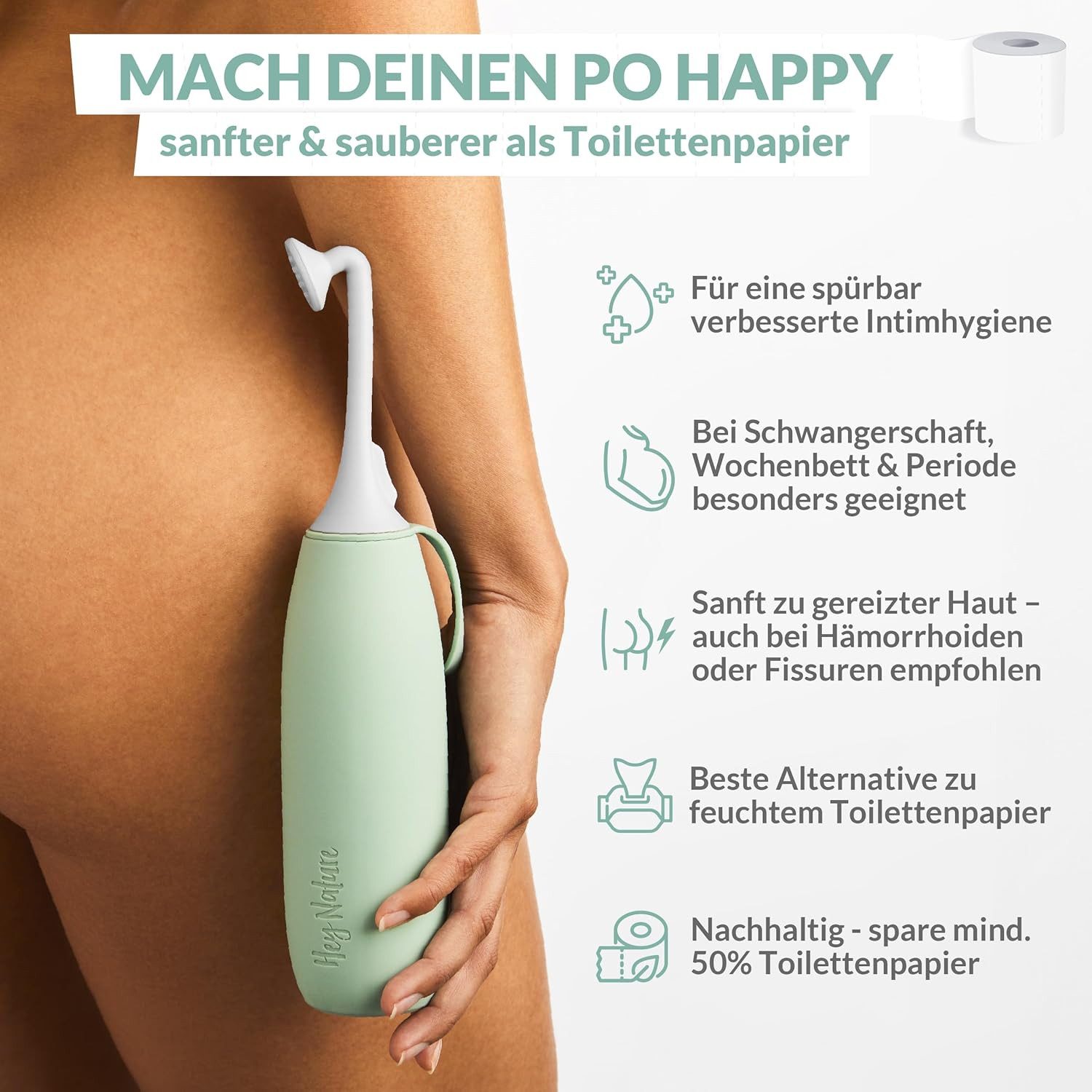 Hey Nature Intimpflege Po Dusche, mobiles Bidet für eine sanfte, hygienische Reinigung für Hilfe im Wochenbett, bei Hämorrhoiden & als Alternative zu feuchtem Toilettenpapier, Wiederverwendbar und reisegeeignet