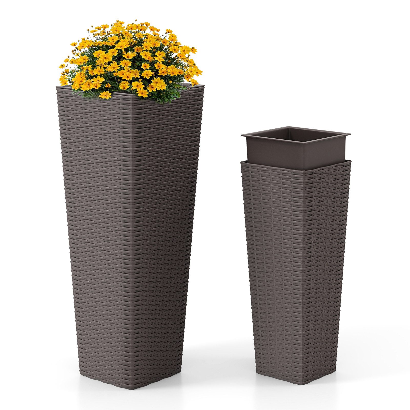 COSTWAY Hochbeet (2 St), Blumenkasten mit abnehmbaren Innenschalen, Rattan