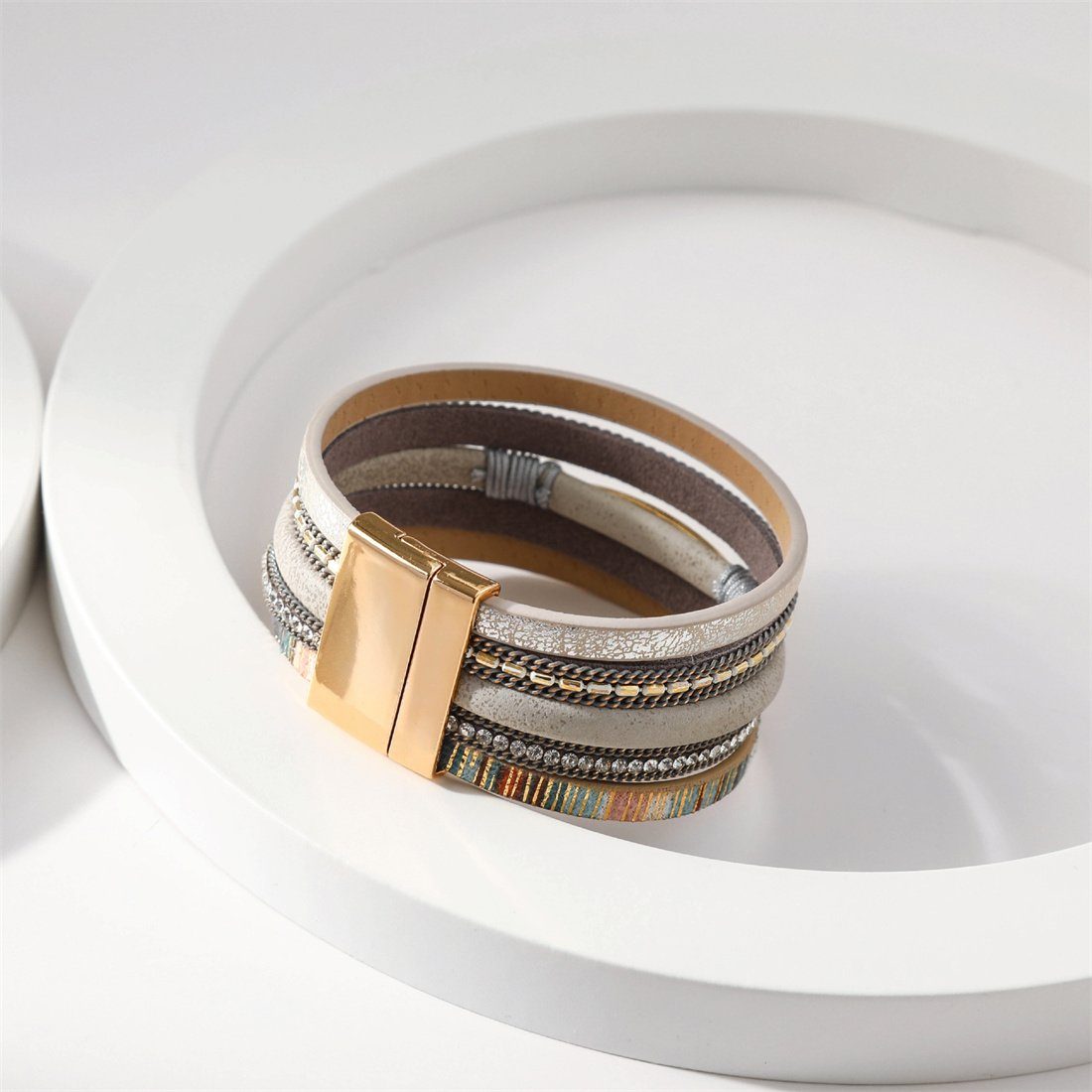 DÖRÖY Lederarmband Bohème-Armband mit und mehreren Schichten, Leder- khaki Diamantarmband