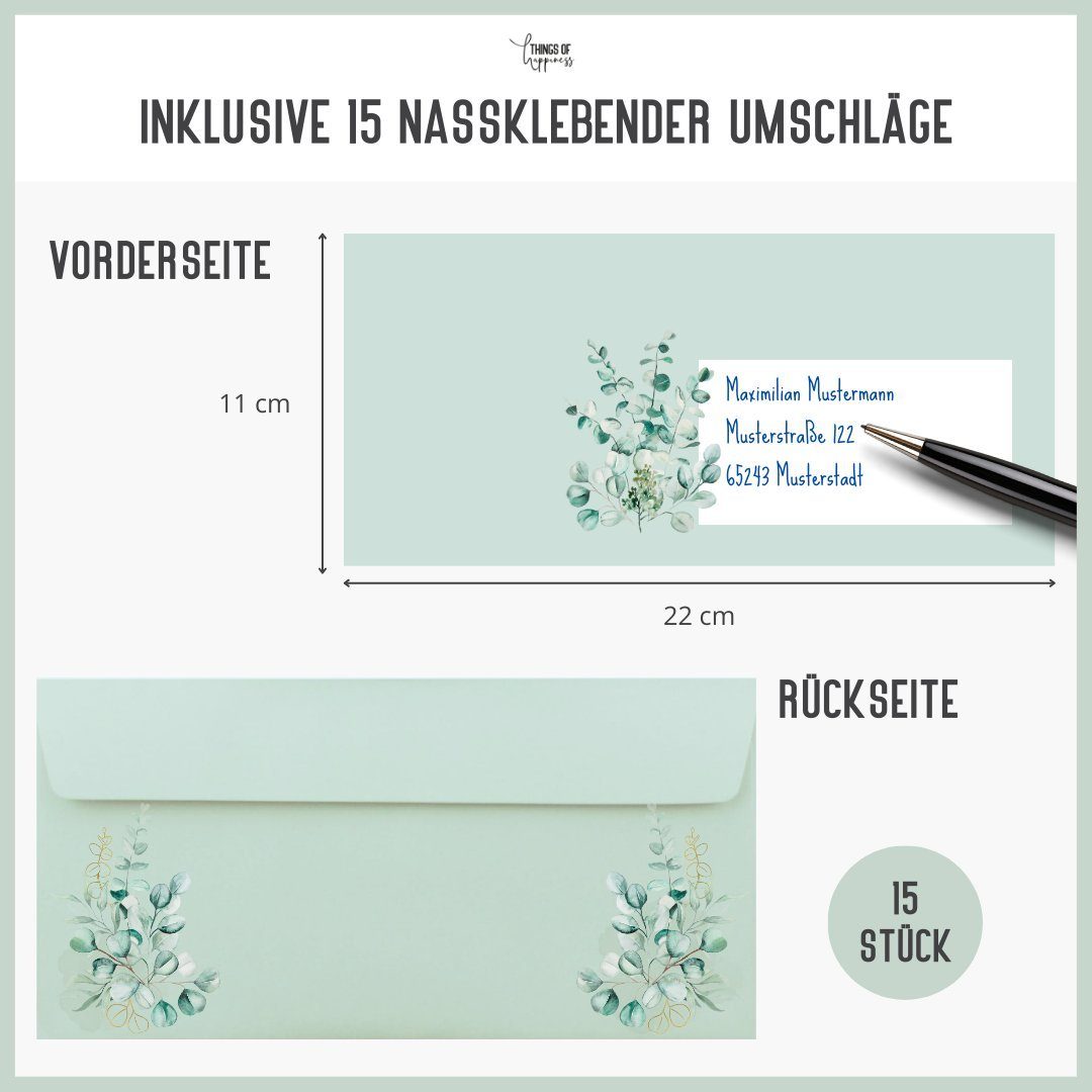 Things of Happiness Einladungskarten 15 Blanko Einladungen inkl. Umschläge für Hochzeit, Geburtstag, Taufe, DIN lang