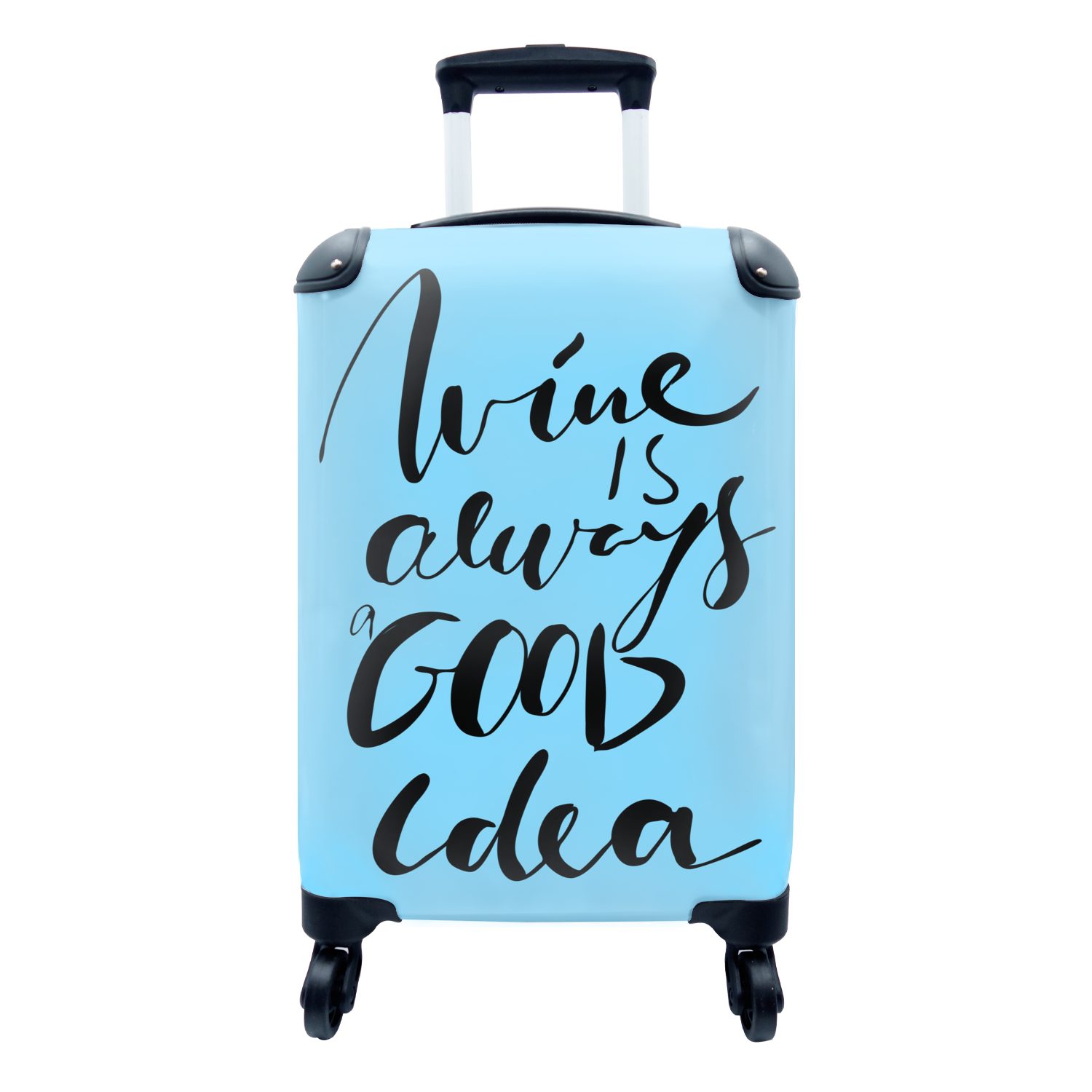 MuchoWow Handgepäckkoffer Zitat auf blauem Hintergrund "Wein ist immer eine gute Idee"., 4 Rollen, Reisetasche mit rollen, Handgepäck für Ferien, Trolley, Reisekoffer