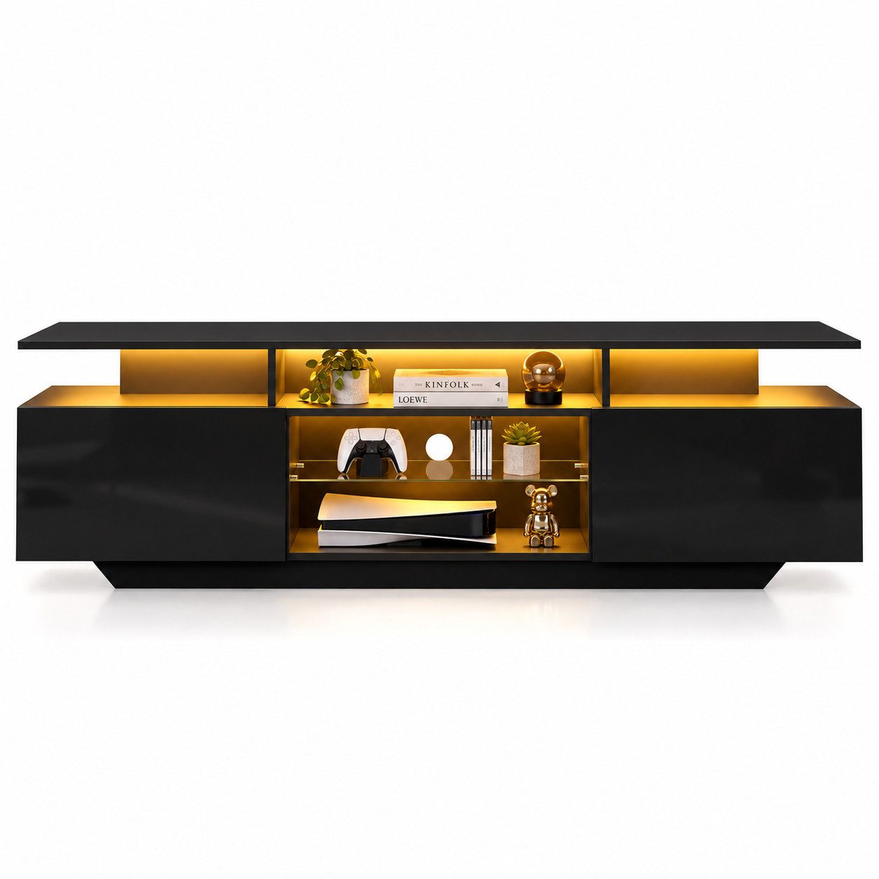 WLIVE TV-Schrank Lowboard 160 cm mit LED-Beleuchtung und App-Steuerung, Hochglanz (160 × 40 × 45 cm) 8 Ablageflächen und Glasboden, für TVs bis 65/70 Zoll