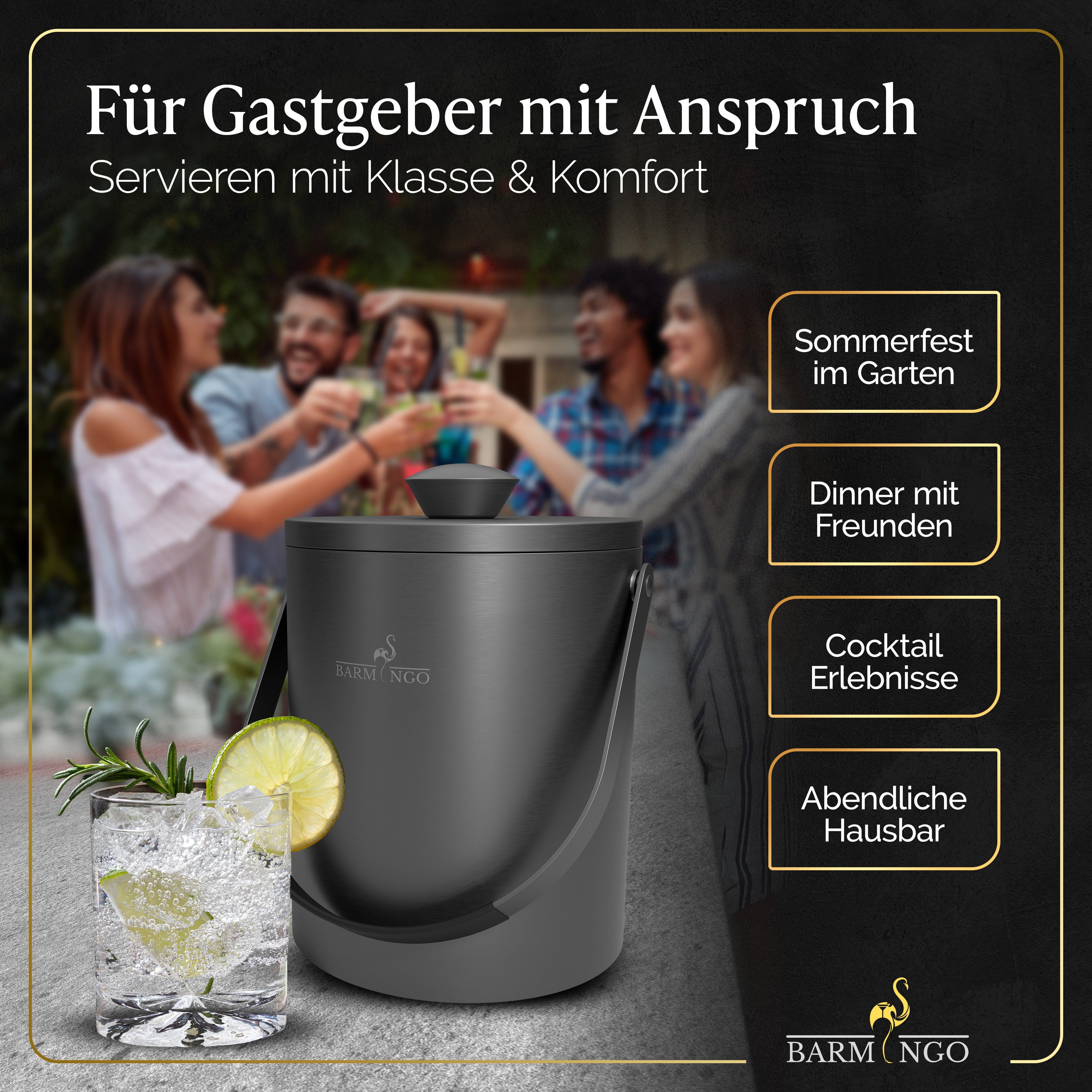BARMINGO Eiswürfelbehälter mit Deckel (2 Liter), Edelstahl Eiskübel, (Eisbehälter Set, 3-tlg., mit Sieb, XXL Silikon Eiswürfelform & Zange), Eiseimer doppelwandig, isoliert, BPA-frei, Silikondeckel
