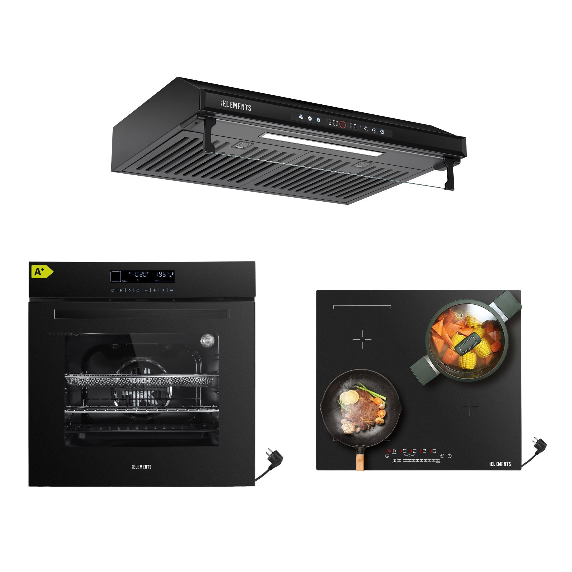 KB Elements Induktions Herd-Set KB ELEMENTS Herdset Backofen 60cm, Kratzfestes Induktionskochfeld 60cm, mit 2-fach-Teleskopauszug, AQUA CLEAN, Backofen Full Touch mit 15 Funktionen, Kratzfestes Induktionskochfeld