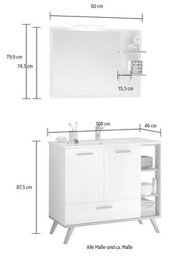 Saphir Badmöbel-Set Quickset Mineralmarmor-Waschtisch mit LED-Spiegel, 101 cm breit, (4-St), Waschplatz, 2 Türen, 1 Schublade, seitliche Ablagen, Bad-Set