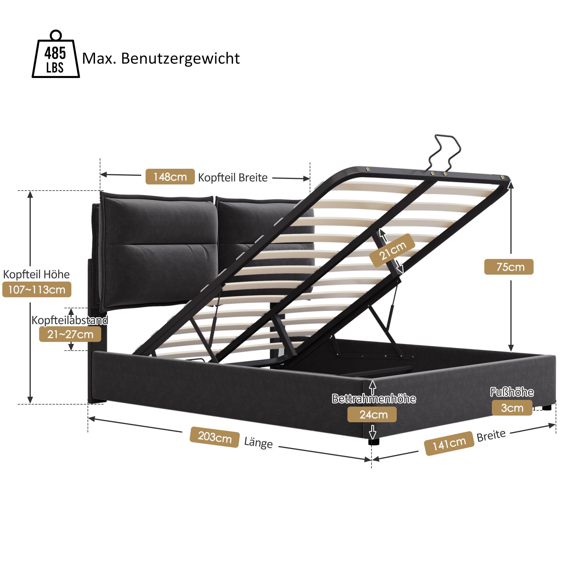 hydraulisch Fangqi 140x200 mit Kopfteil Schwarz verstellbarem Doppelbett Polsterbett gepolstertes