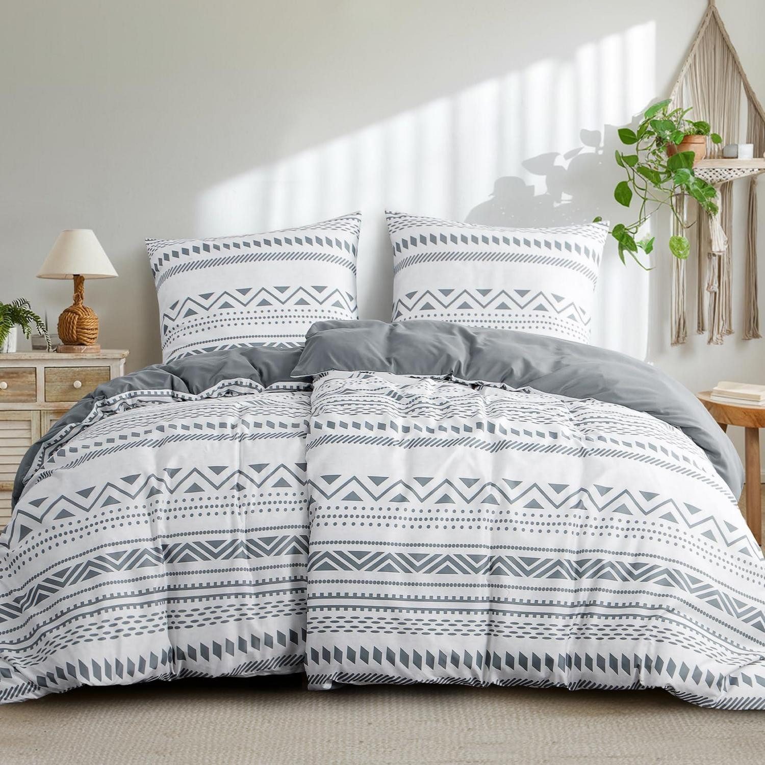 LuxusKollektion Bettwäsche Bettwäsche-Set 135x200 Boho Grau 4-teilig