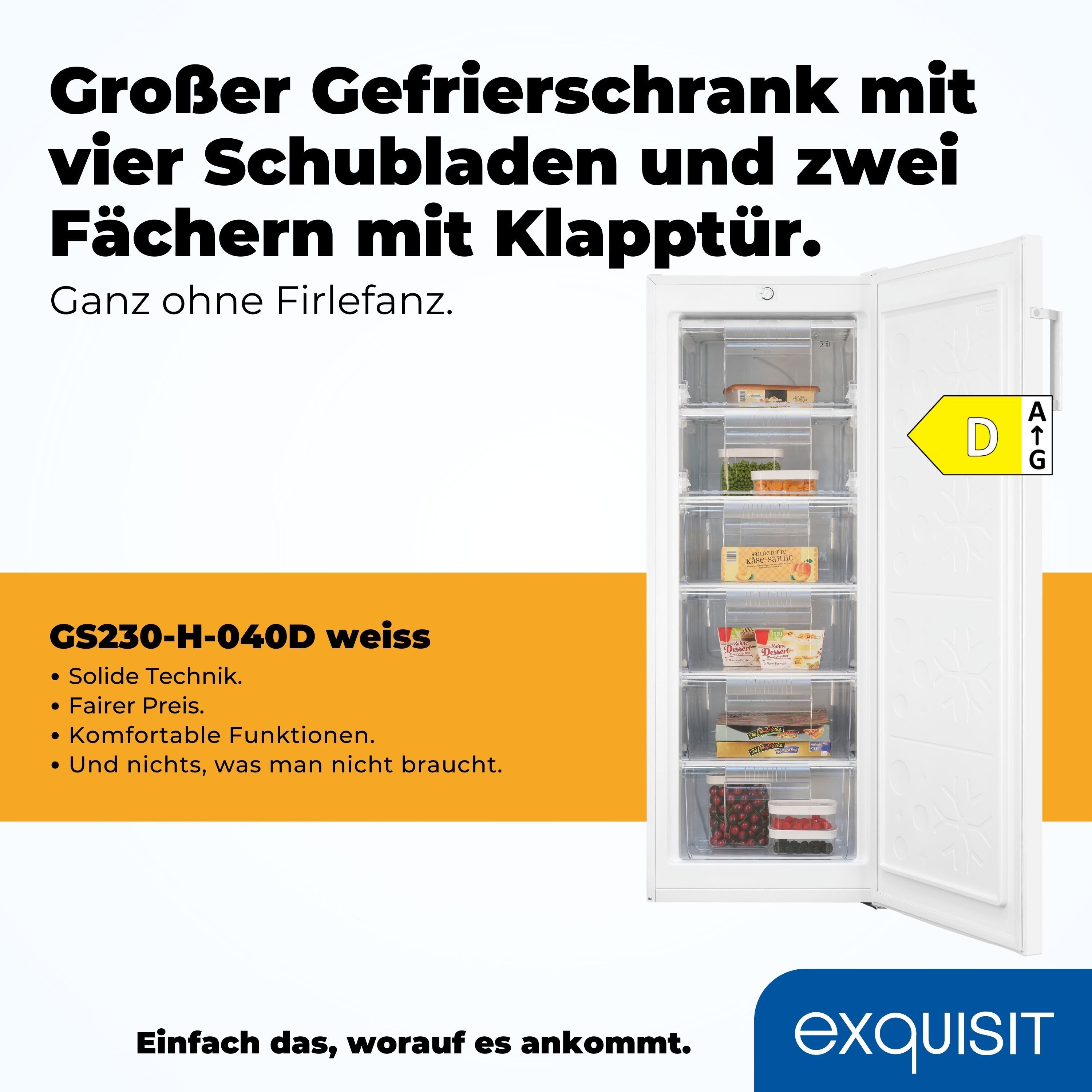 exquisit Gefrierschrank GS230-H-050D, 144 cm hoch, 54 cm breit, 4-Sterne-Gefrierung, 1 Kühlzone, wechselbarer Türanschlag