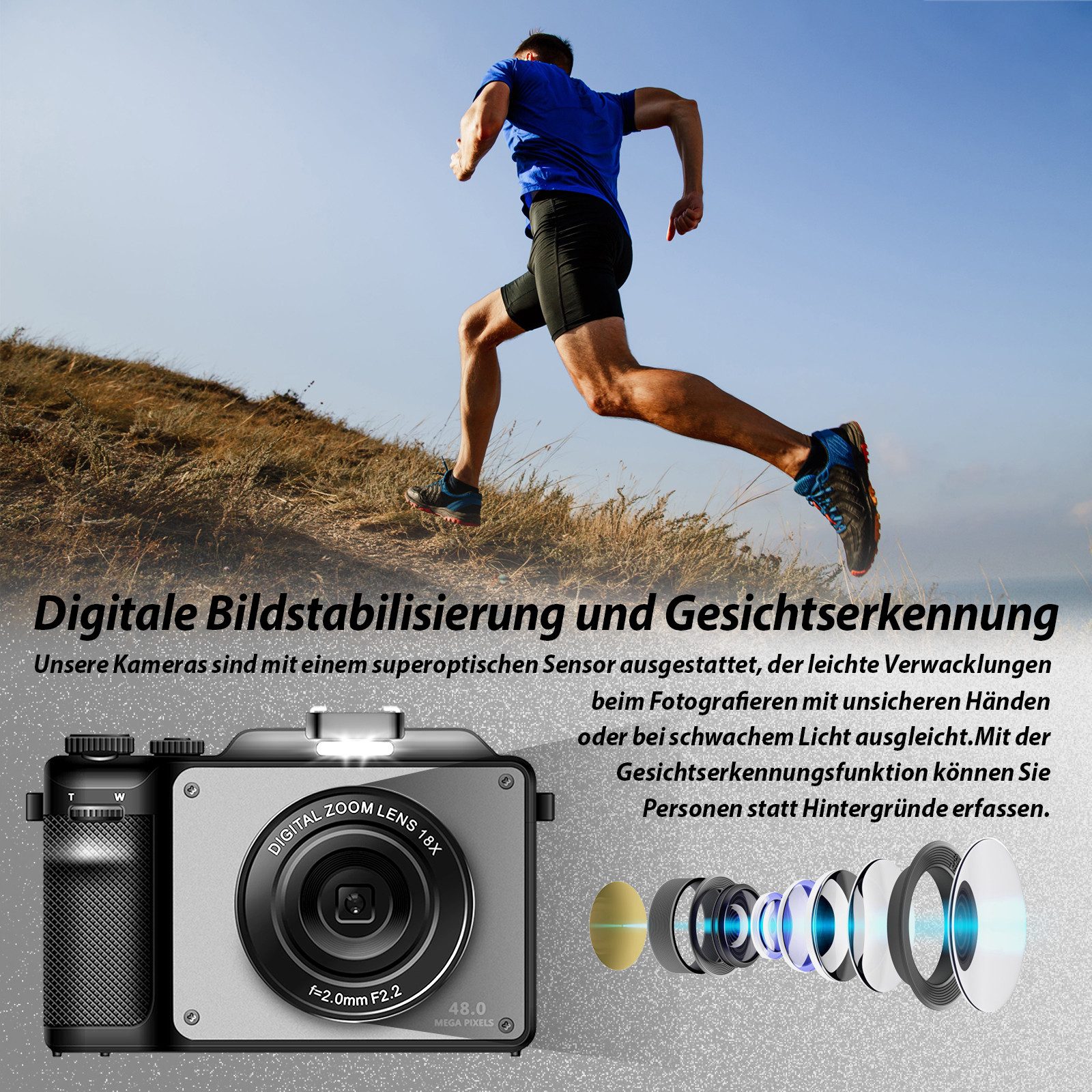 Fine Life Pro Digitalkamera, 4K HD 1080P Fotokamera Kompaktkamera (48 MP, 18X Digitalzoom,48MP Kompaktkamera mit 64 GB TF-Karte)