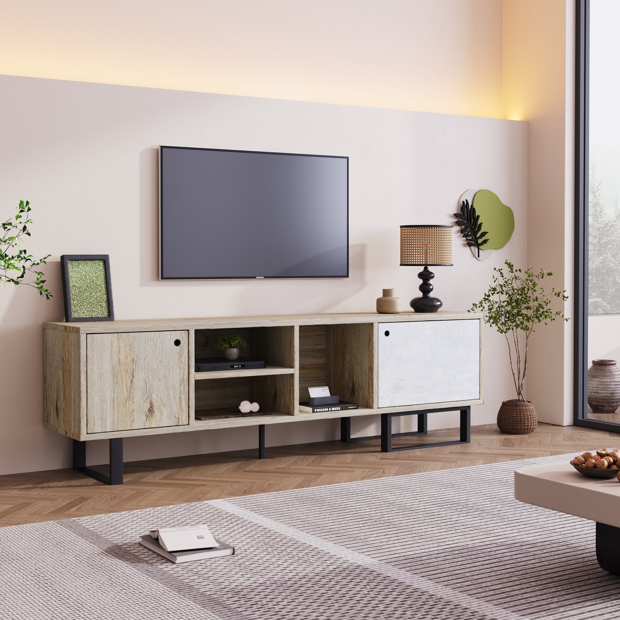 Fangqi TV-Schrank mit 2 Türen, zwei Fächern, einem offenen Fach, 160Lx40Bx51.5H Holzlattentür, Eine Kombination aus Vintage-Holz und Grau.