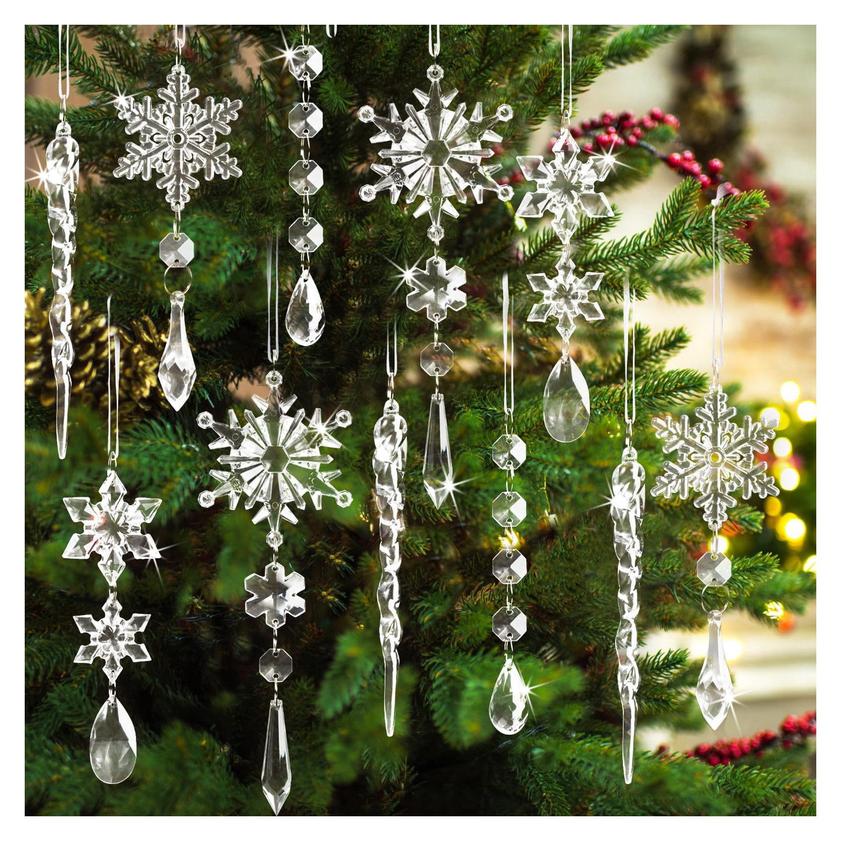Coonoor Christbaumschmuck Acryl Schneeflocken Eiszapfen Tropfen Hängedekoration (18-tlg), Ornamente für Weihnachtsbaum Winterfest und Party Deko