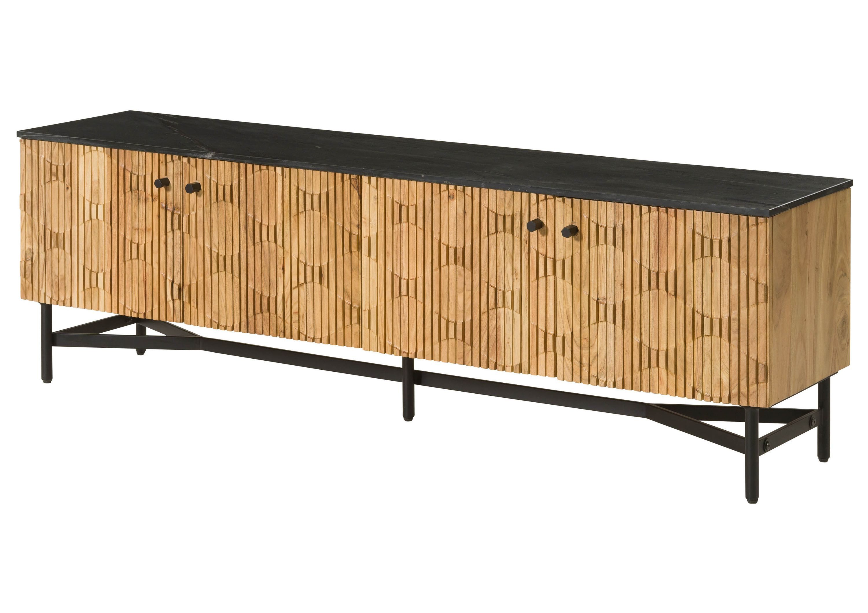 Massivmoebel24 TV-Board (Massivholz), Akazie 180x40x55 natur lackiert / Marmor schwarz LONDON #105