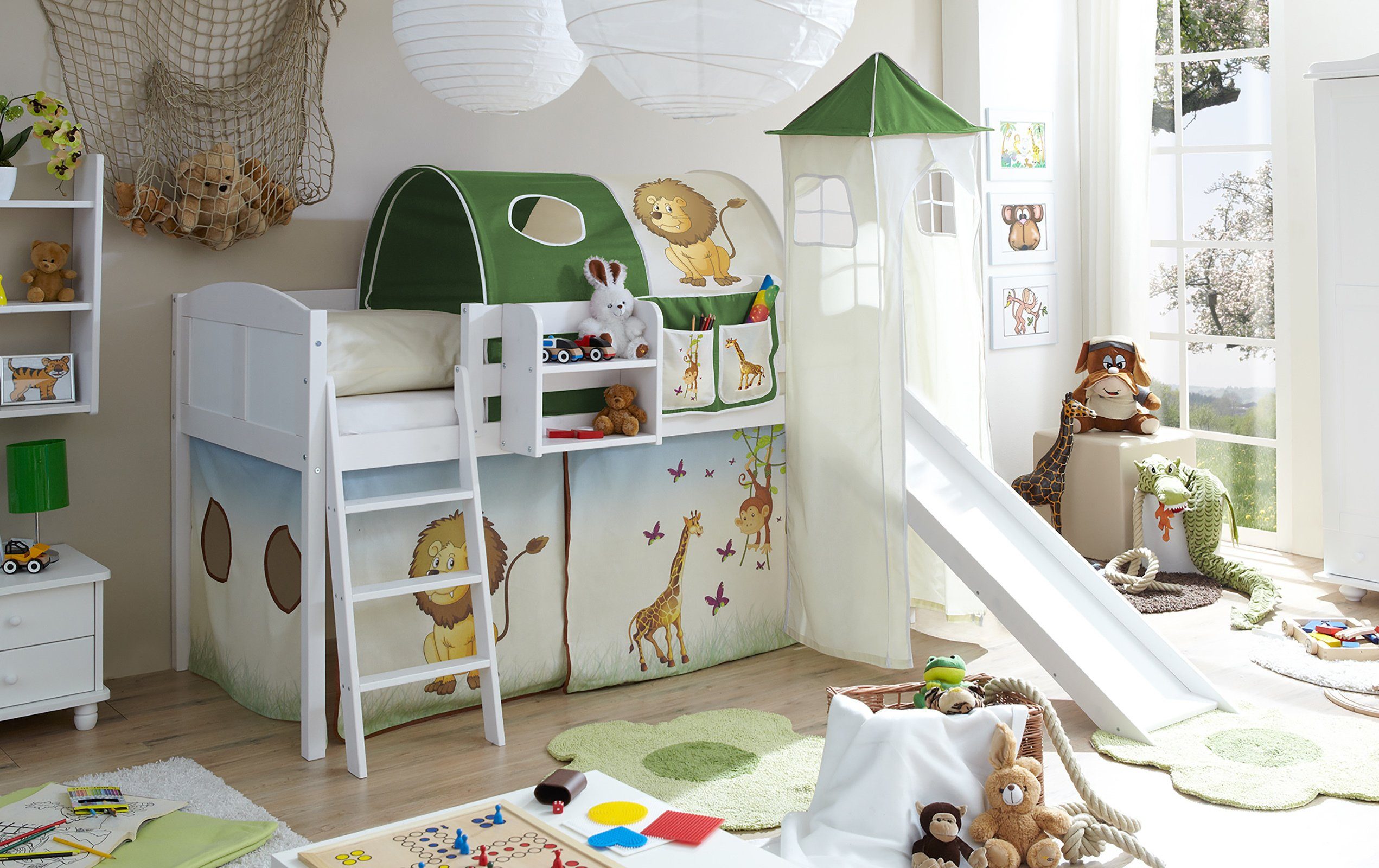 Ticaa Hochbett Hochbett mit Rutsche Rutschbett mit Turm "Ekki"