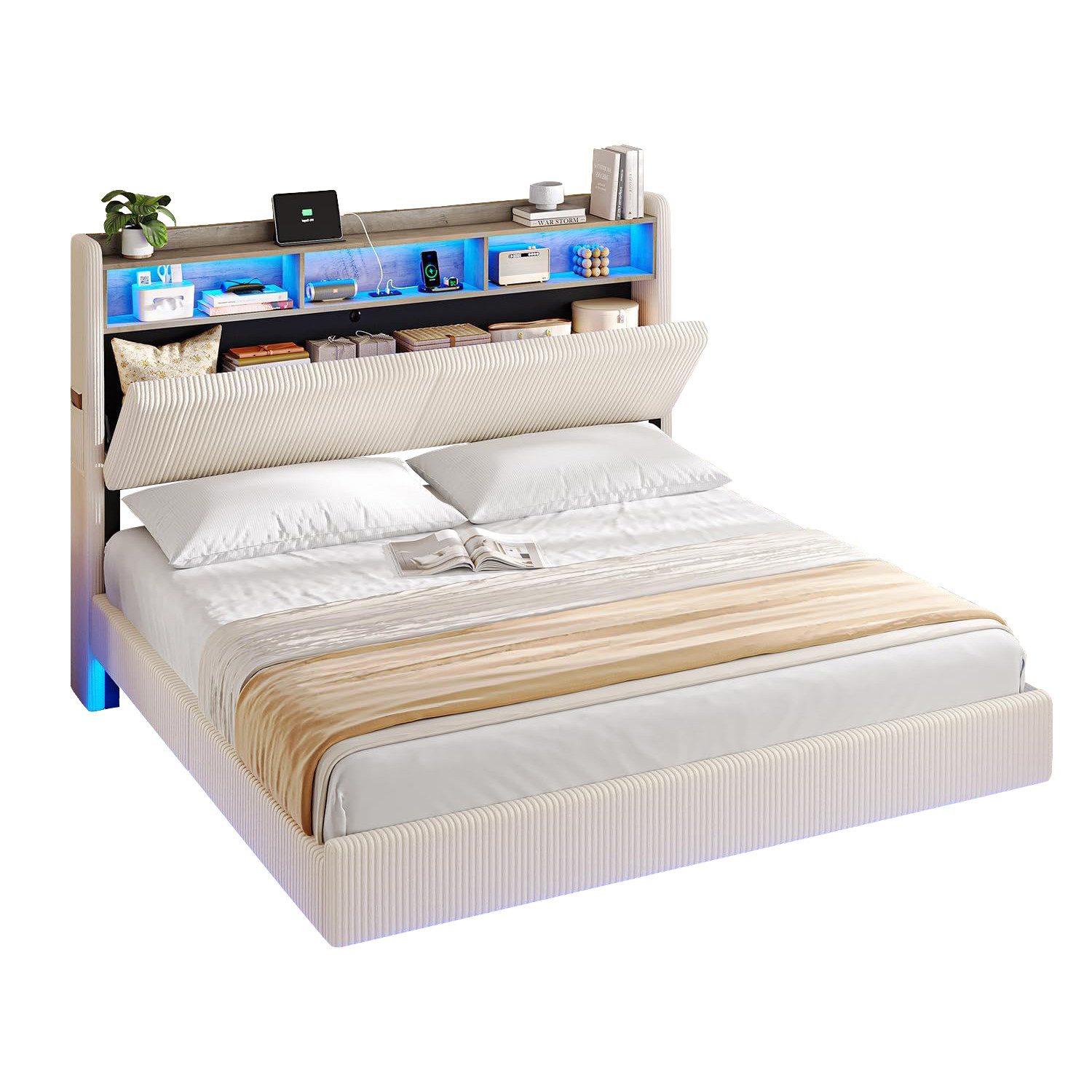 MSMASK Polsterbett Schwebebett mit 270°-LED-Beleuchtung, USB & Type-C Ladestation (Ohne Matratze), Doppelbett mit Stauraum-Kopfteil 180x200 cm – Bild 3 von 5