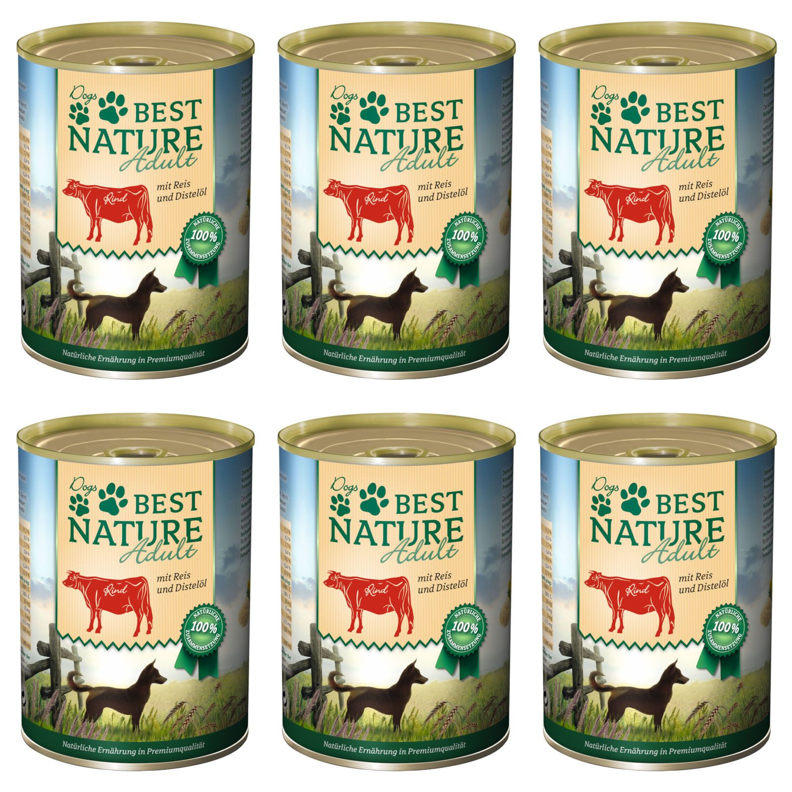Best Nature Adult, Nassfutter für Hunde, 6x 400g, Rind, Reis und Distelöl, Alleinfuttermittel für: Hund