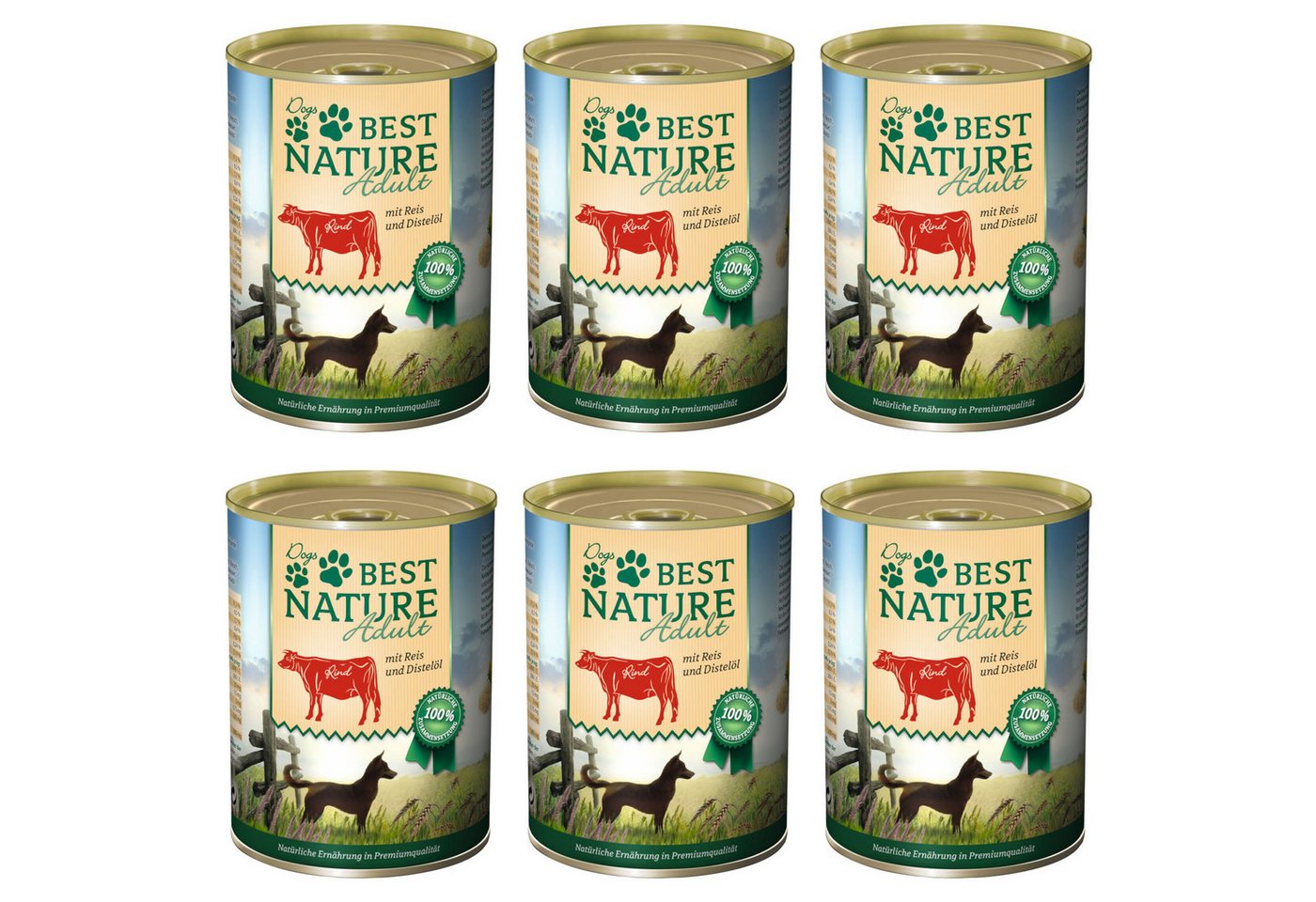 Best Nature Adult, Nassfutter für Hunde, 6x 400g, Rind, Reis und Distelöl, Nassfutter für: Hund