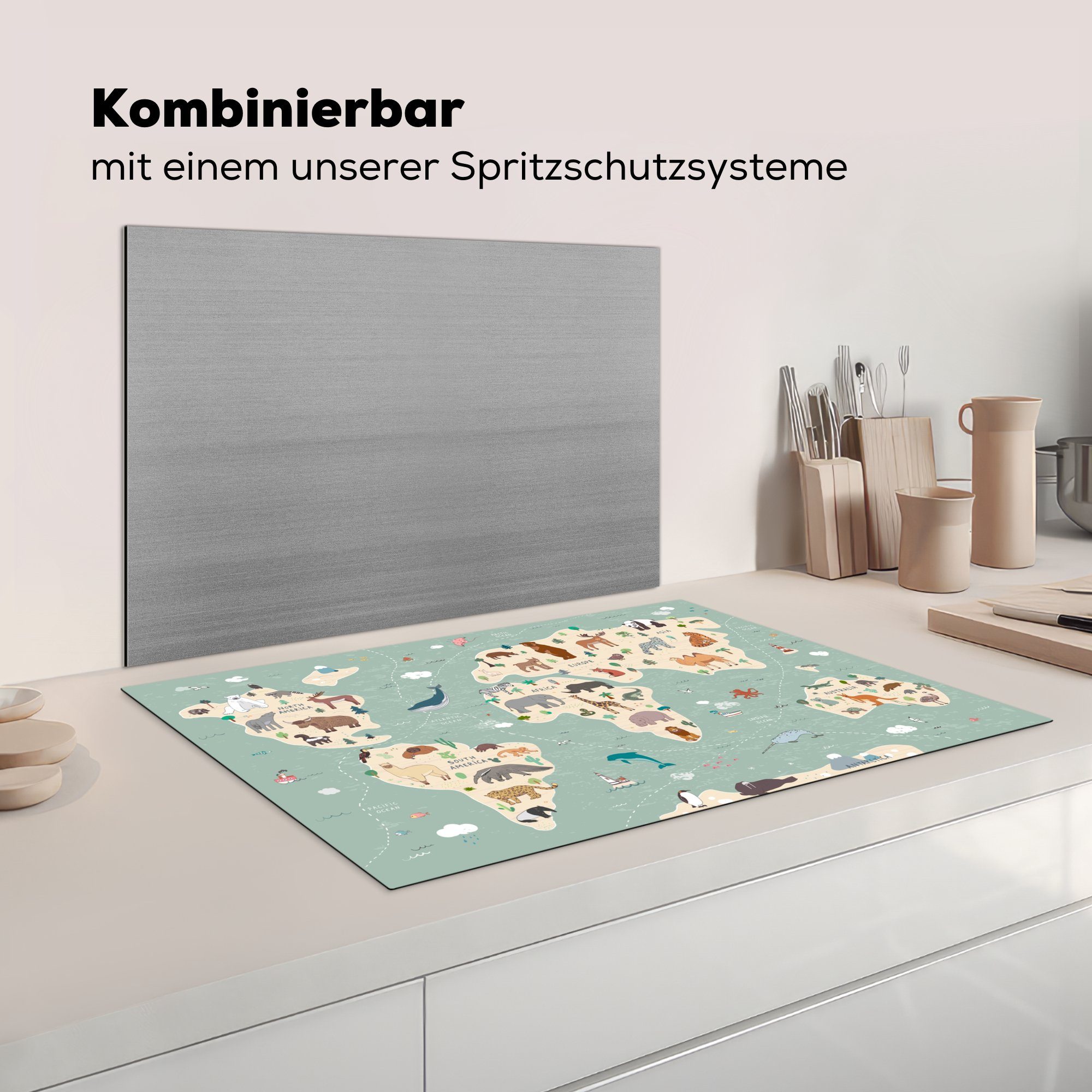 küche, Jungen die cm, Erde tlg), - Vinyl, für Ceranfeldabdeckung Weltkarte - Schutz Mädchen - Kinder 81x52 - Tiere Blau, (1 Induktionskochfeld MuchoWow Herdblende-/Abdeckplatte -