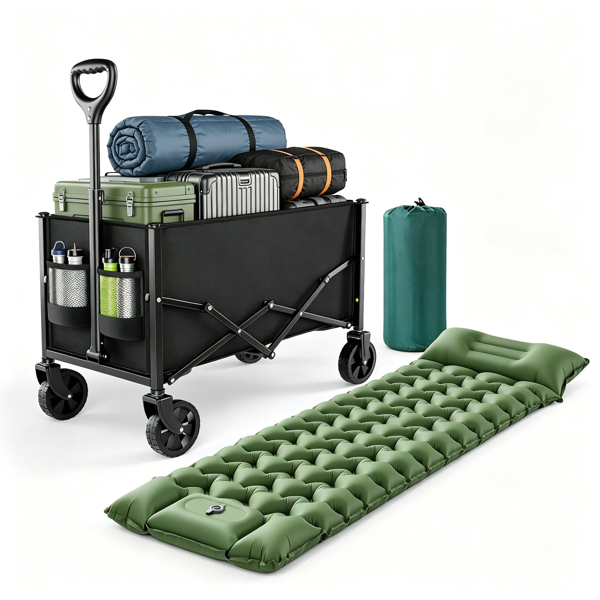 Elegear Isomatte Isomatte 10cm+Faltbarer Bollerwagen 120L Set für Camping Strand Reisen, (Set, 2-tlg., 1 x Bollerwagen; 1 x Isomatte), Fußpumpe, 100 kg Traglast, All-Terrain Räder, Kompakt & Tragbar