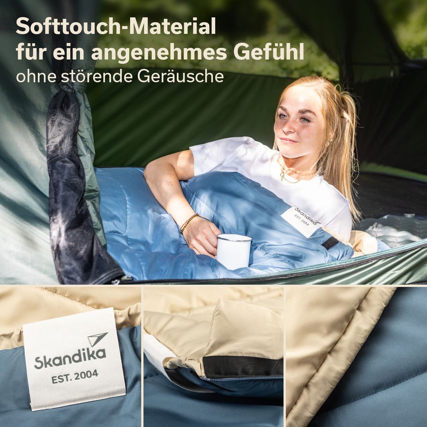 Skandika Deckenschlafsack für Erwachsene, Oppdal 190, 3 Jahreszeiten, bis 7 °C, mit Kopfteil (Wärmeisolierender Stoffsteg gegen Kältebrücke, Innentasche mit Klett), kleines Packmaß, 2-Wege Reißverschluss mit Skandika Zughilfen