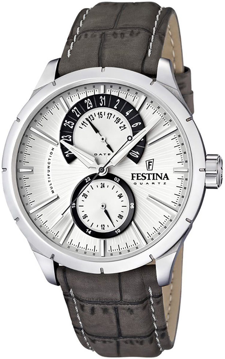F16573/X, Herren Elegant Uhr Festina UF16573/X Festina grau Armbanduhr Multifunktionsuhr Lederarmband Herren schwarz rund,