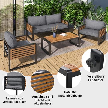 Tongtong Gartenlounge-Set 4-teiliges Esstisch-Set, dekorative Armlehnen aus Holz,grau, (1*Sitzsofa, 2*Einzelsitzsofa, 1*Tisch,Ink. aller Kissen und Polster), verstellbare Füße