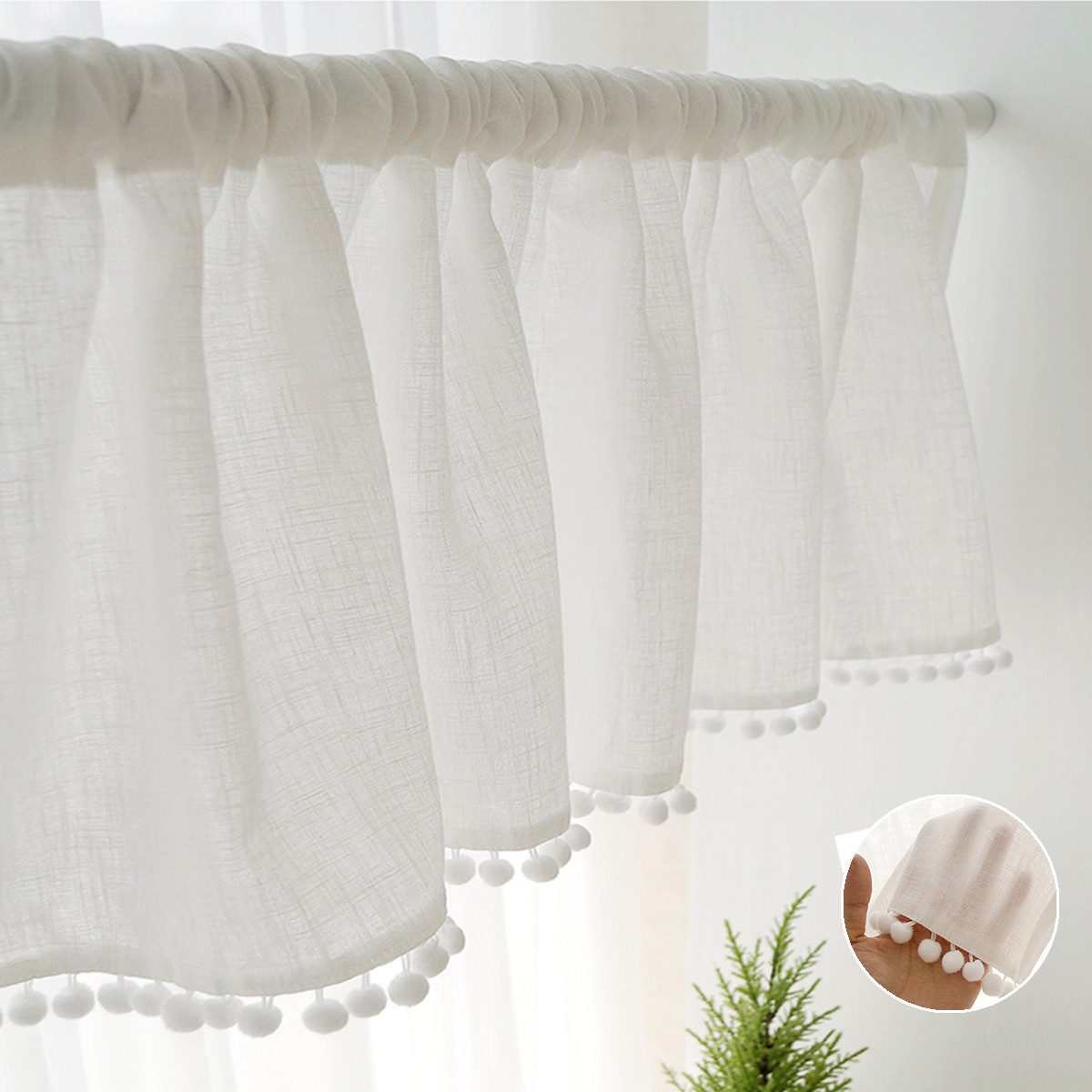 Scheibengardine Kurze Vorhang mit Pompom-Quasten, Jibenhome, (1 St), halbtransparent, für Küche Wohnzimmer Schlafzimmer