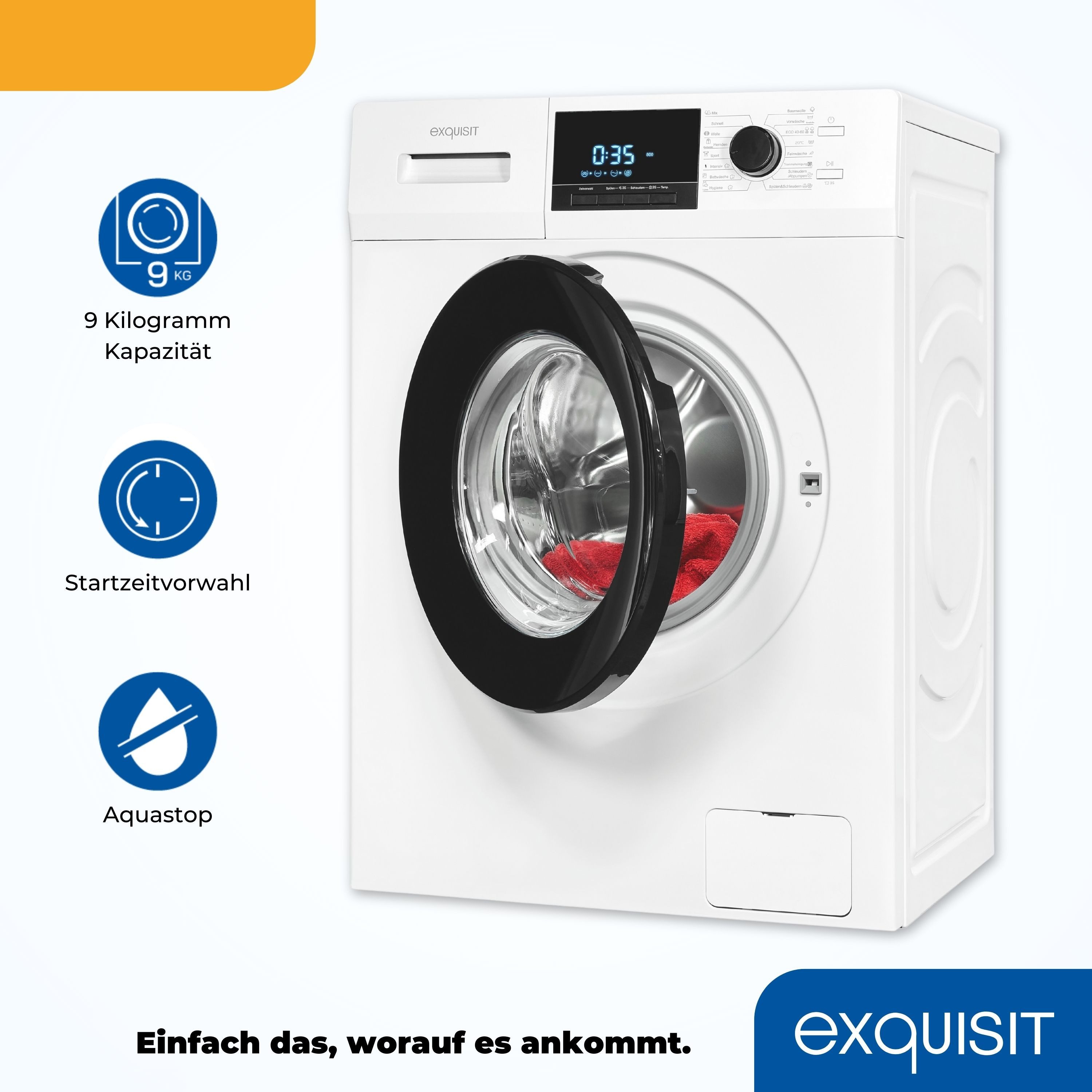 exquisit Waschmaschine WA9214-340A, 9 kg, 1400 U/min, AquaStop-Vollwasserschutz, Trommelreinigung für sauberen Innenraum – Bild 4 von 5