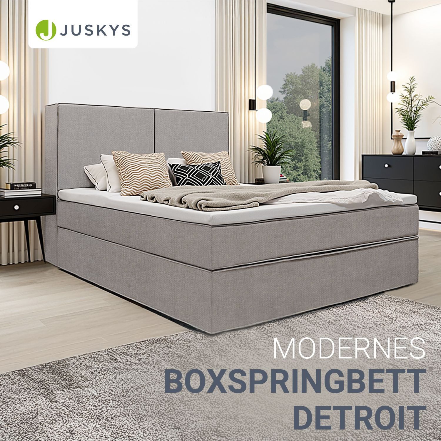 Juskys Boxspringbett Detroit, inklusive Topper, angenehme Einstiegshöhe, Chenille Stoff