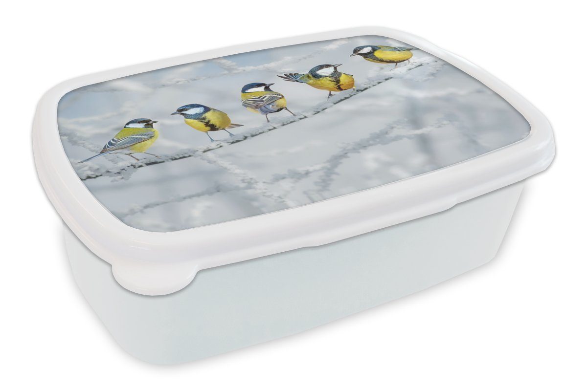 MuchoWow Lunchbox Vogel - Kohlmeise - Winter - Schnee - Zweige, Kunststoff, (2-tlg), Brotbox für Kinder und Erwachsene, Brotdose, für Jungs und Mädchen weiß